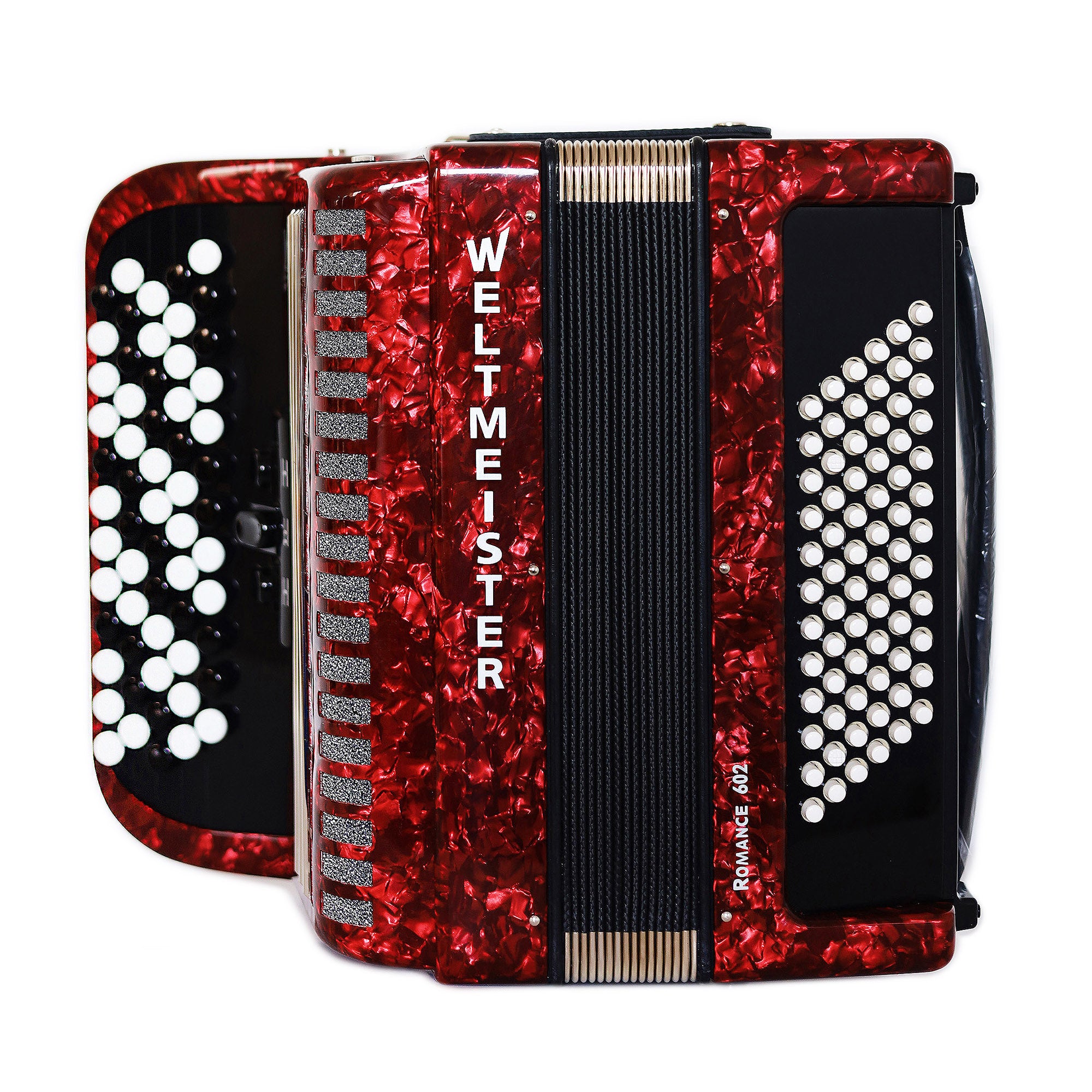 NEW Weltmeister Romance 602 Button Accordion, made in Germany, 72 Bass buttons, Lightweight Accordion B-Gripp, Red Pearl, Straps and Case, Shipping from USA