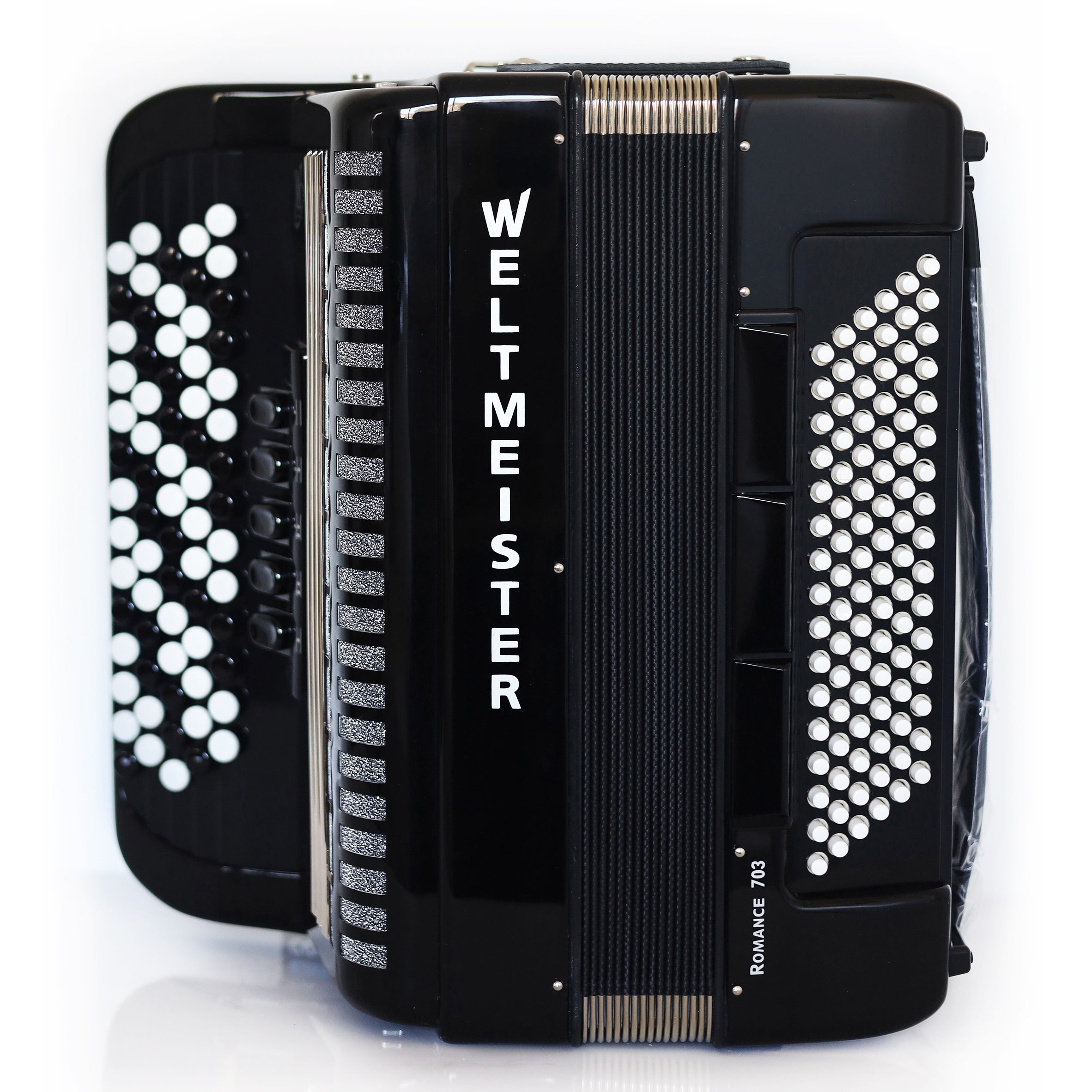 NEW Weltmeister Romance 703 Button Accordion, made in Germany, 96 Bass buttons, 5 Row Accordion B-Gripp, Black, Straps and Case, Shipping from USA