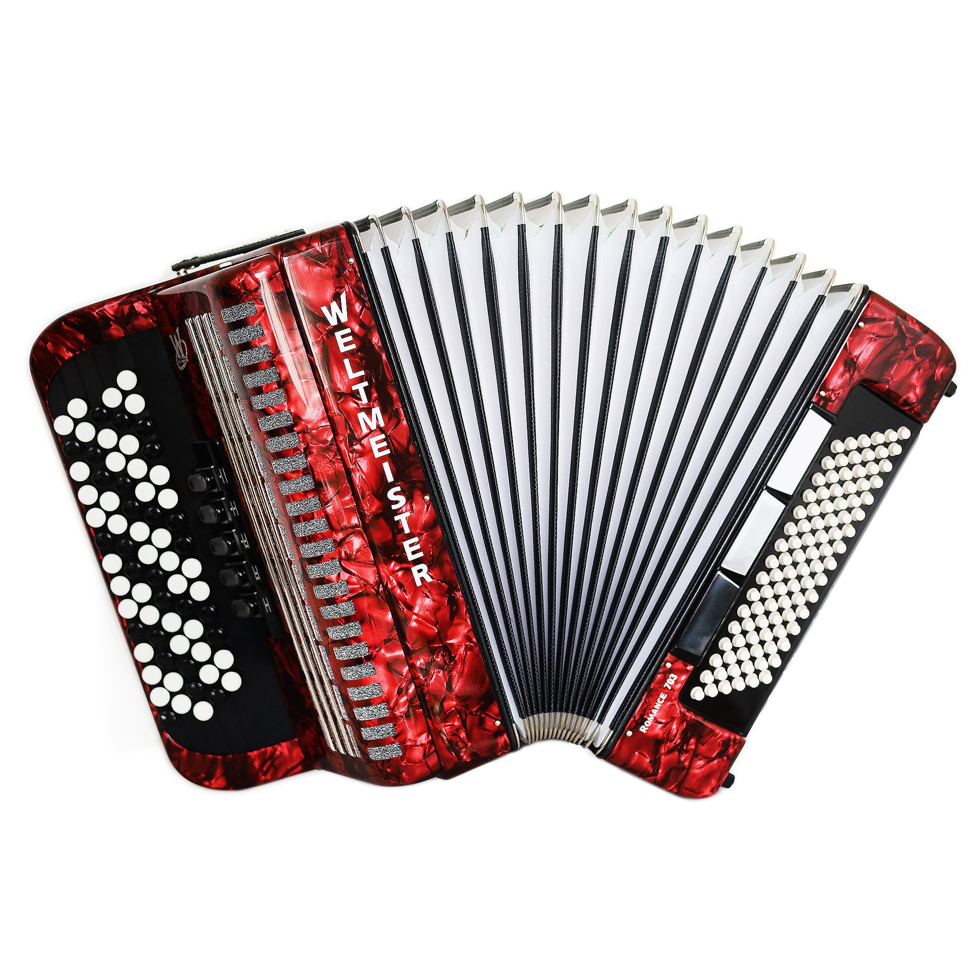 NEW Weltmeister Romance 703 5 Rows Chromatic Button Accordion, made in Germany, 96 Bass buttons, B-Gripp, Red Pearl, incl. Straps and Case, Item Location USA