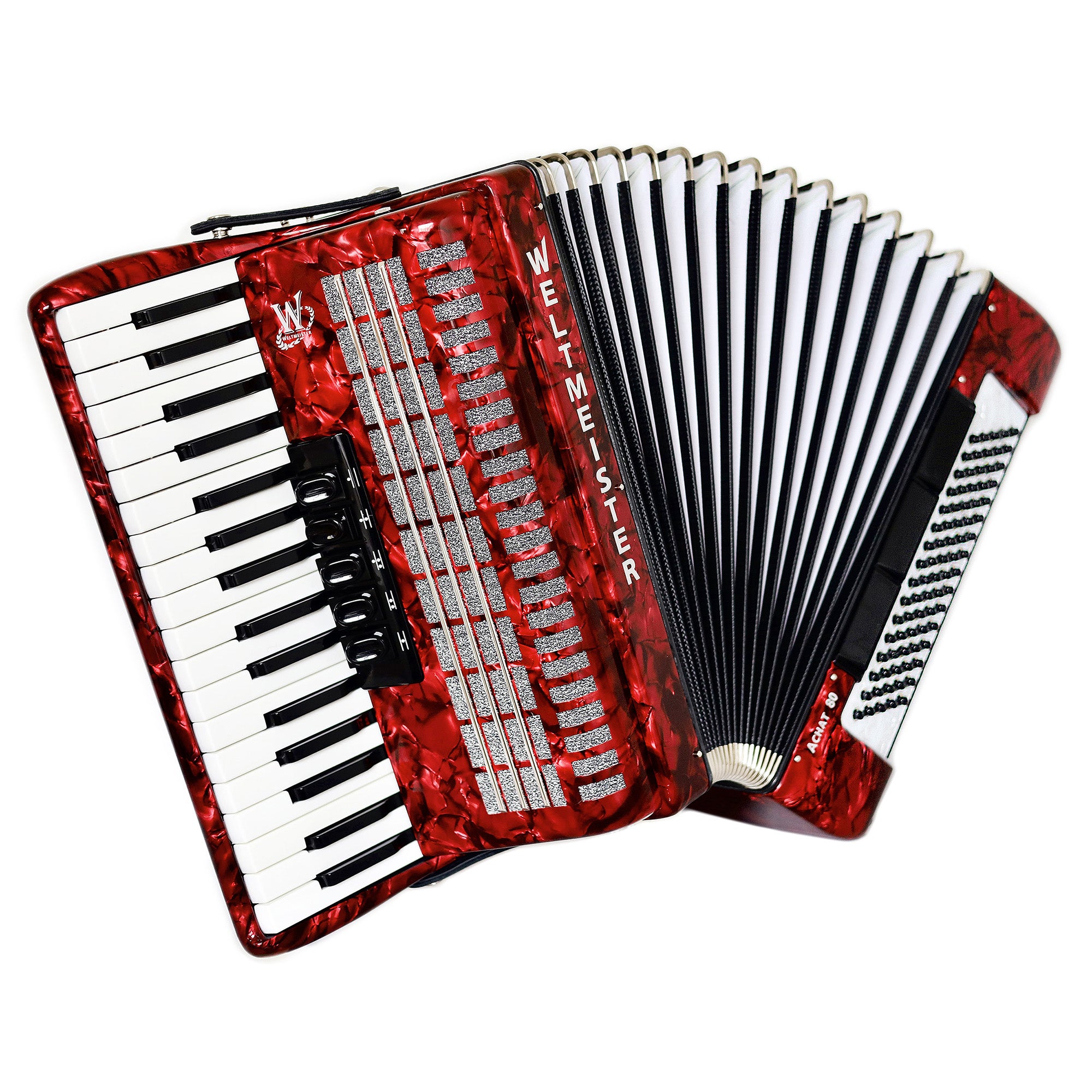 NEW Weltmeister Achat 80 Piano Accordion made in Germany, 80 Bass buttons, Original New Straps and Case, Keyboard Accordian, Red Pearloid