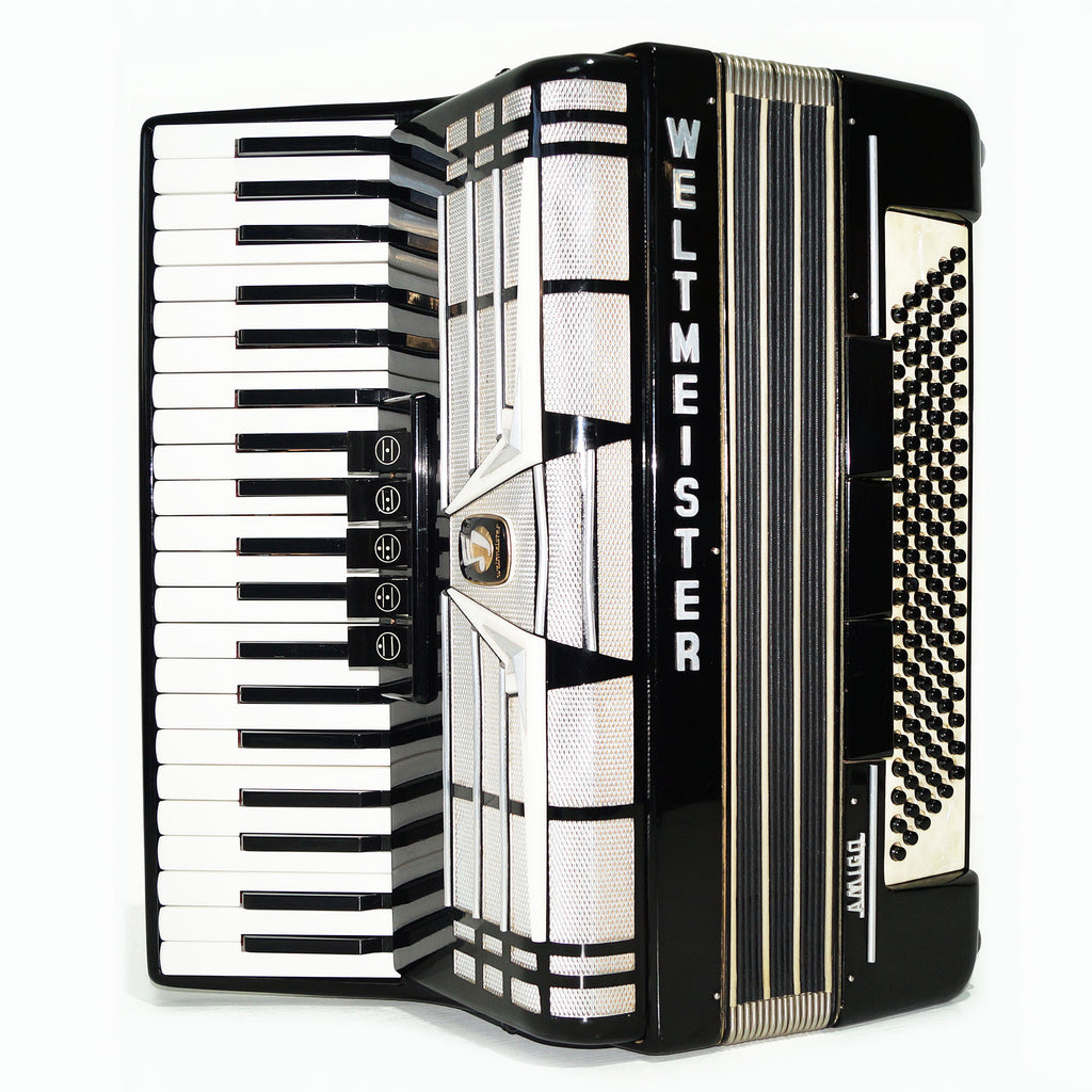 Weltmeister Amigo 120 Bass Made in Germany Piano Akkordeon, neue Riemen Koffer 1561, erstaunliches Original-Akkordeon, exzellenter Klang