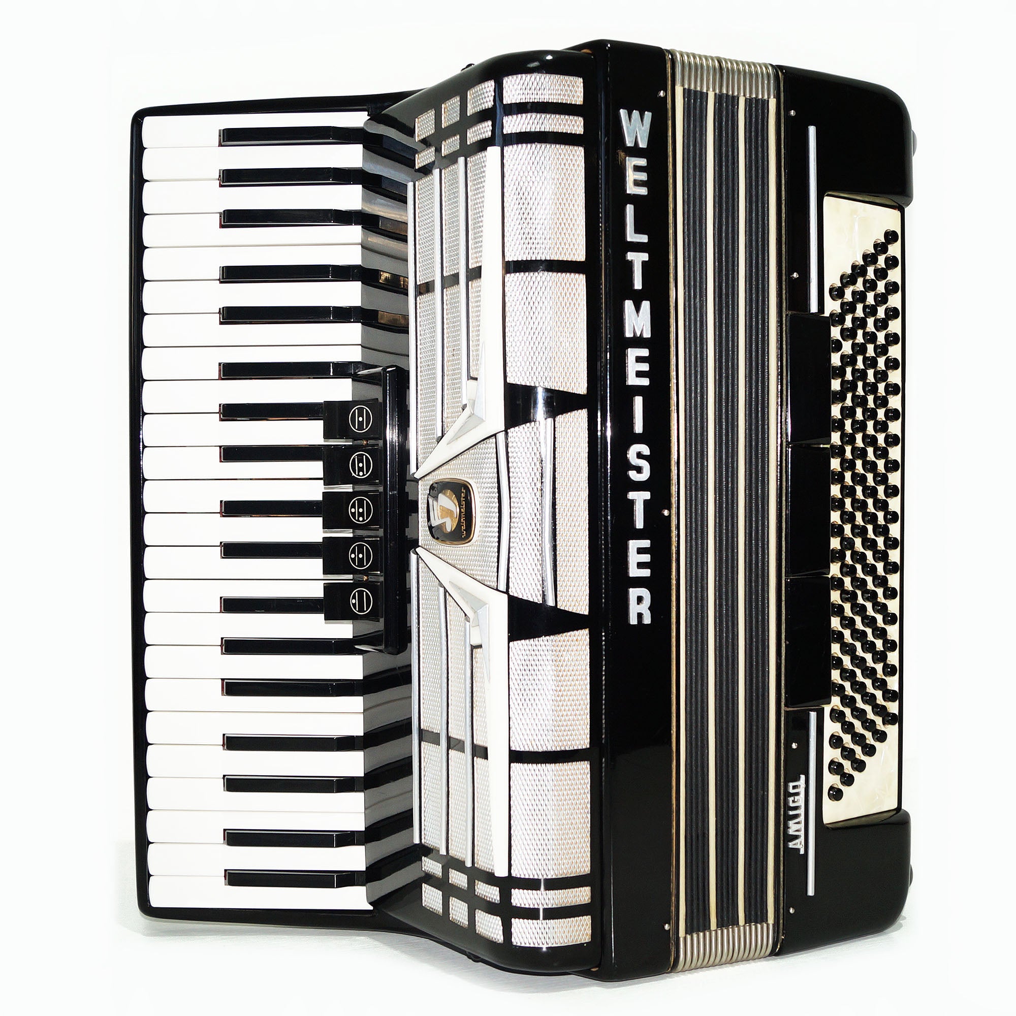 Weltmeister Amigo 120 Bass Made in Germany Piano Akkordeon, neue Riemen Koffer 1561, erstaunliches Original-Akkordeon, exzellenter Klang
