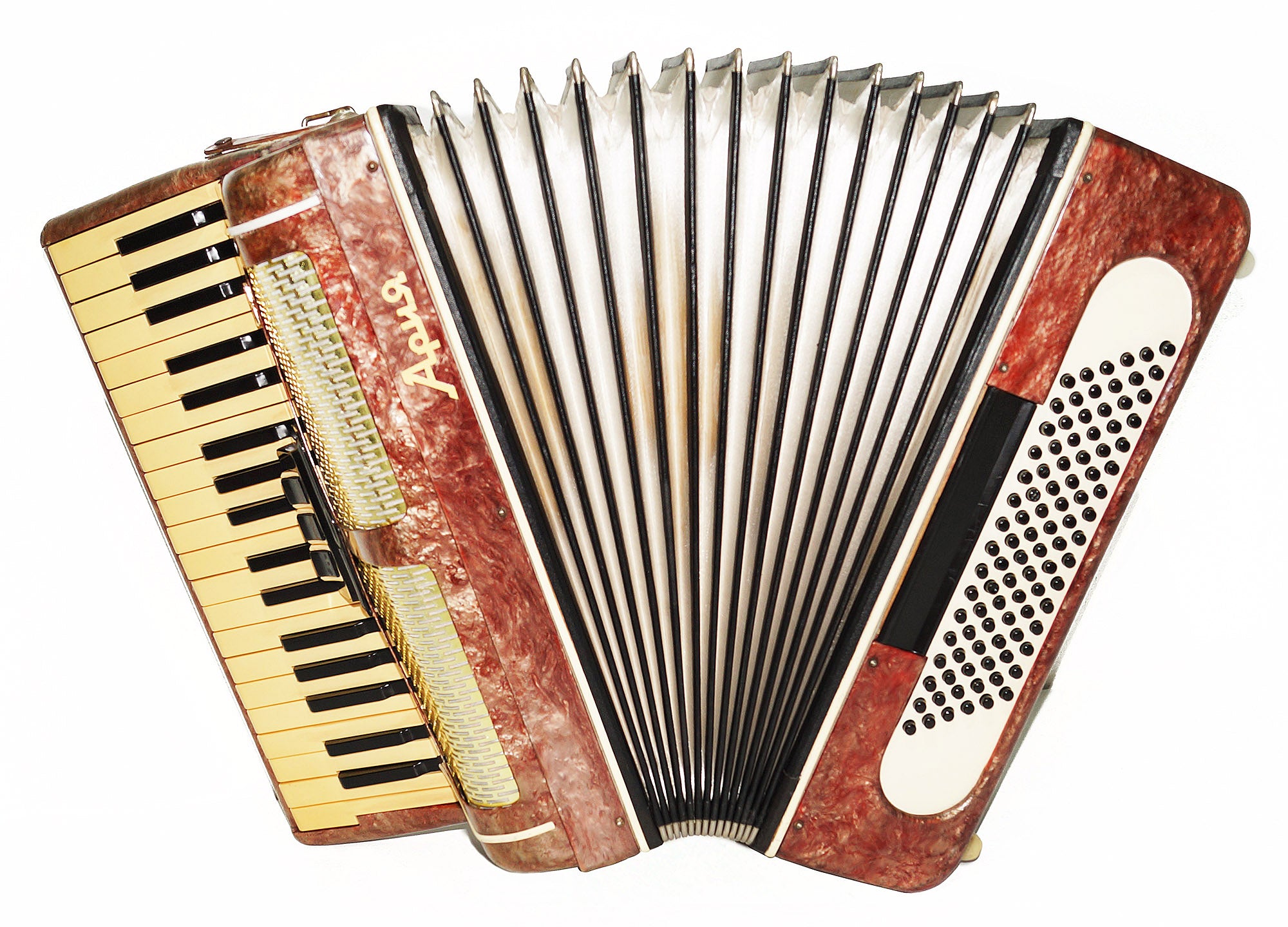 Original Piano Accordion Ariya 96 Bass Buttons, made in USSR, New Straps 1950, Very Beautiful Keyboard Accordian
