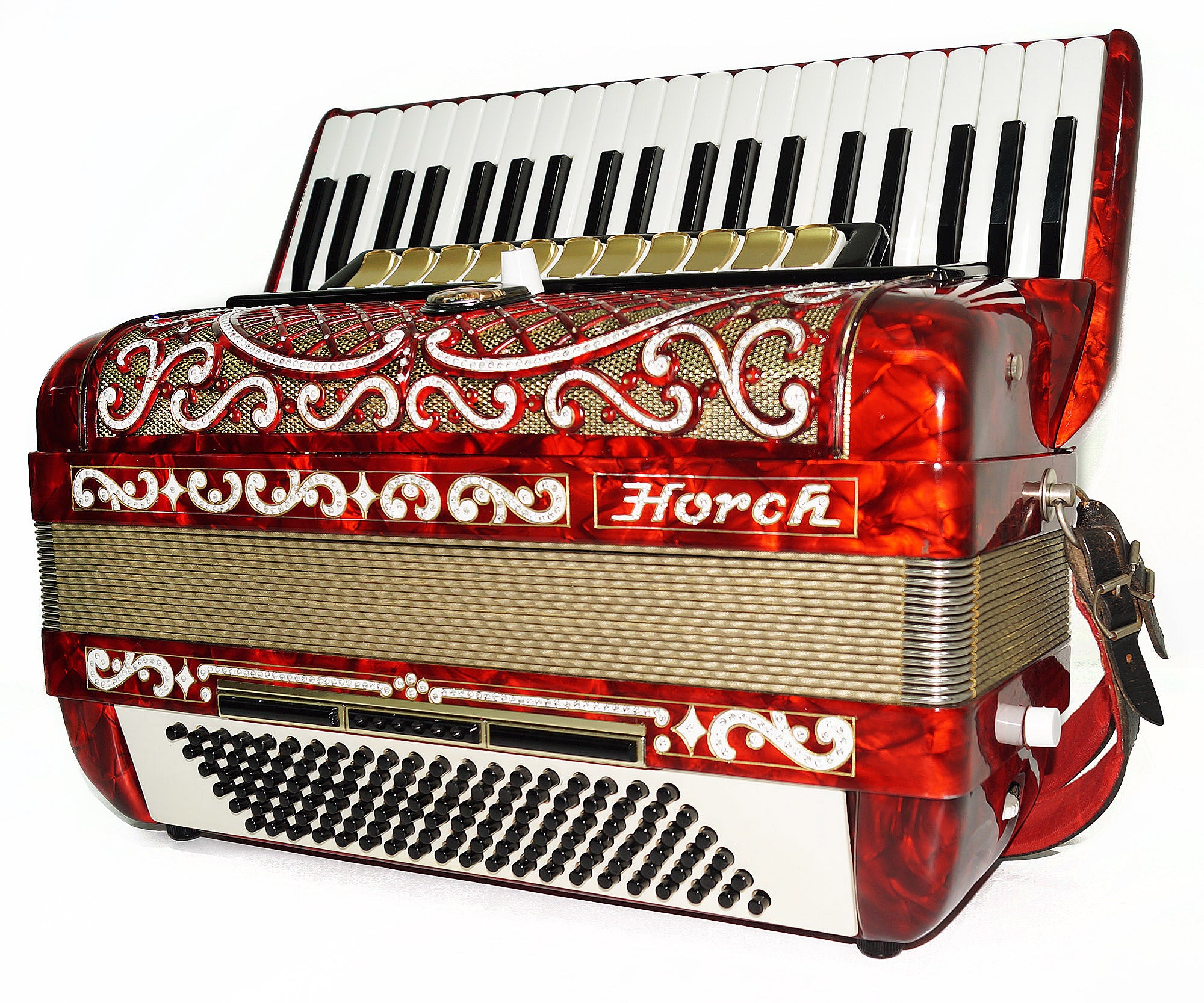 Horch Deluxe Full Size Concert Luxurious Piano Accordion made in Germany Straps Case 1987, Very Beautiful and Powerful Sound! Top Class Original Musical Instrument for Adults!