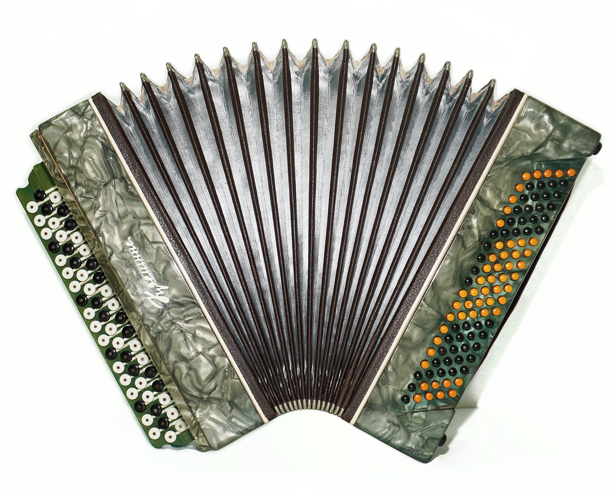 Vintage Button Accordion Kreminne, 3 Rows, 100 Bass buttons, made in Ukraine New Straps, 2295, Bright and Rich sound.