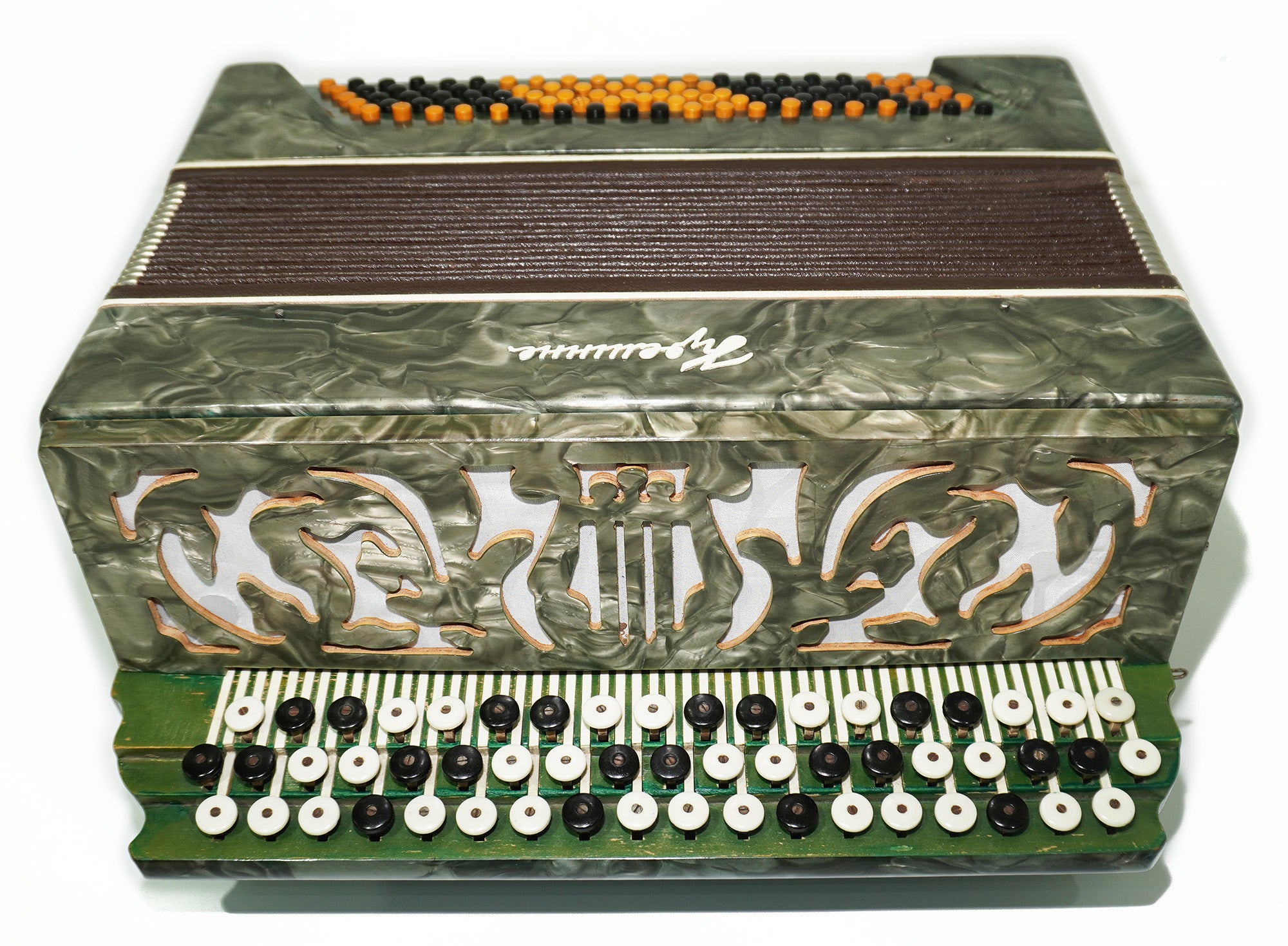 Vintage Button Accordion Kreminne, 3 Rows, 100 Bass buttons, made in Ukraine New Straps, 2295, Bright and Rich sound.