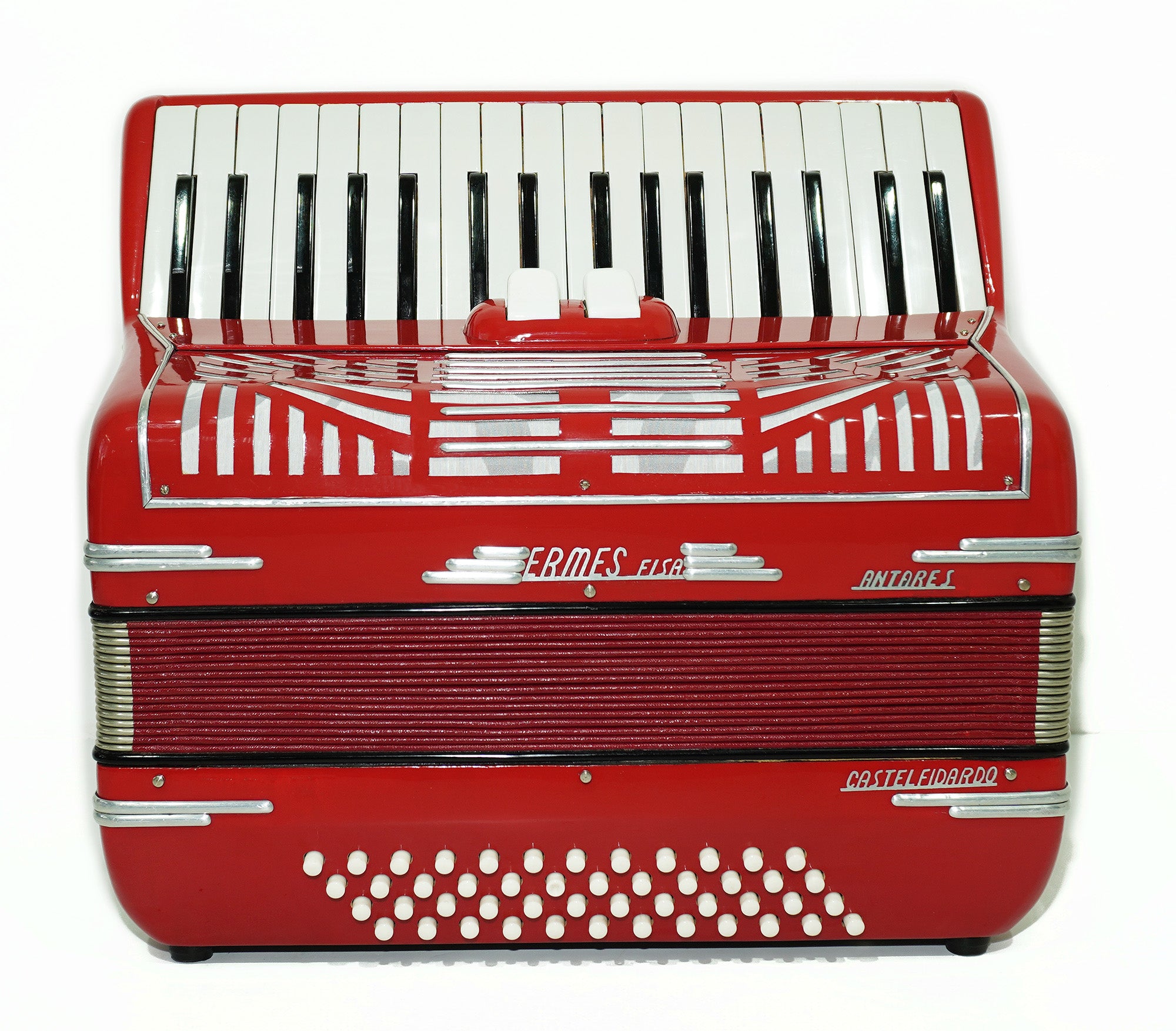 Ermes Fisa Antares Castelfidardo, made in Italy, Rare Lightweight Piano Accordion, 48 Bass buttons, New Straps, Case 2315, Rich Beautiful Sound.