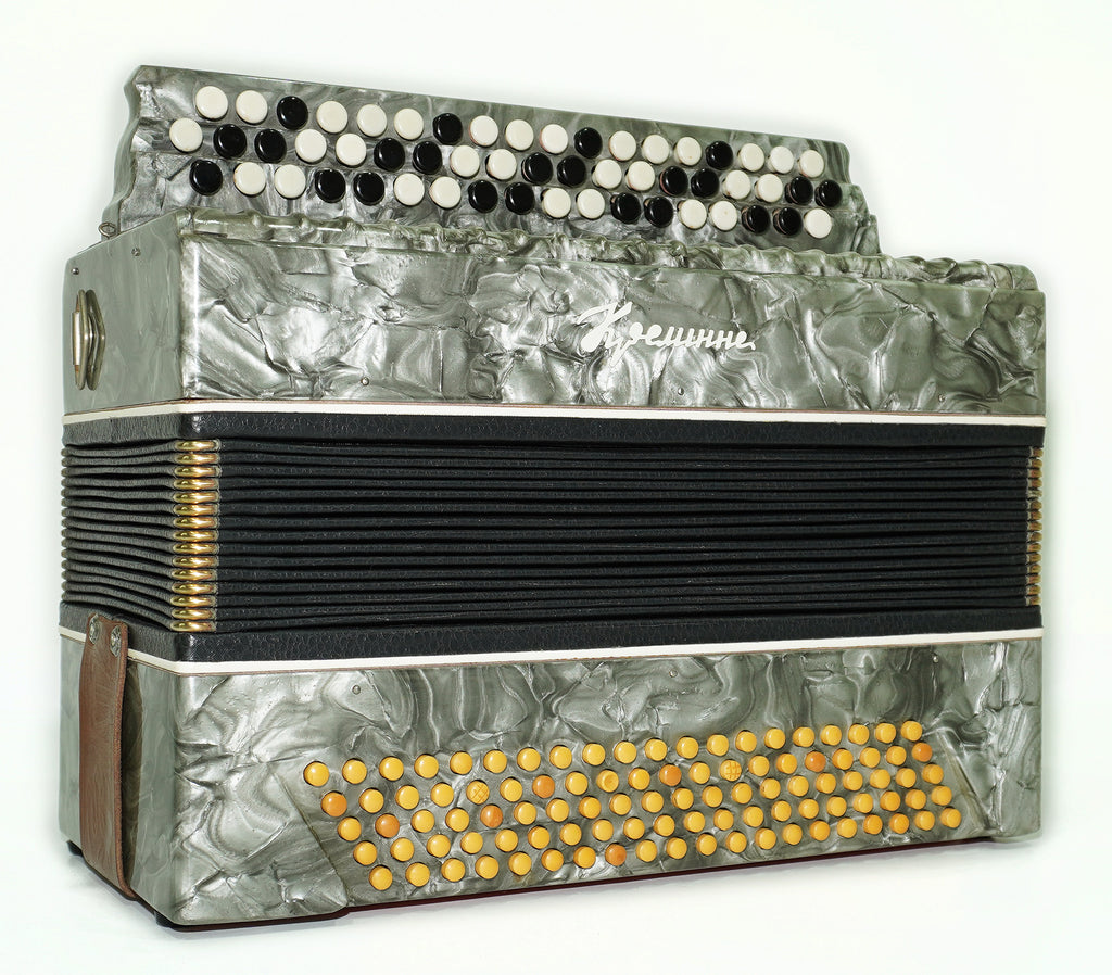 Vintage Bayan Button Accordion Kreminne, 3 Rows 100 Bass buttons, made in Ukraine, New Straps 2484, Bright and Rich sound.