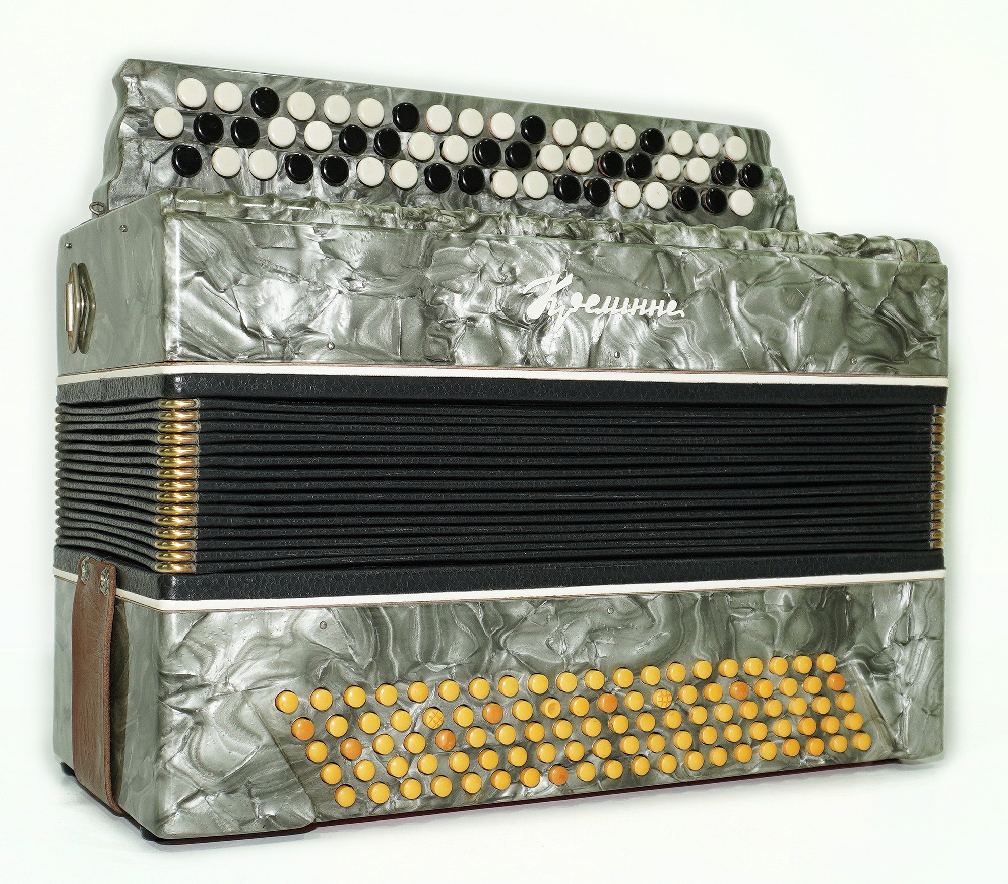Vintage Bayan Button Accordion Kreminne, 3 Rows 100 Bass buttons, made in Ukraine, New Straps 2484, Bright and Rich sound.