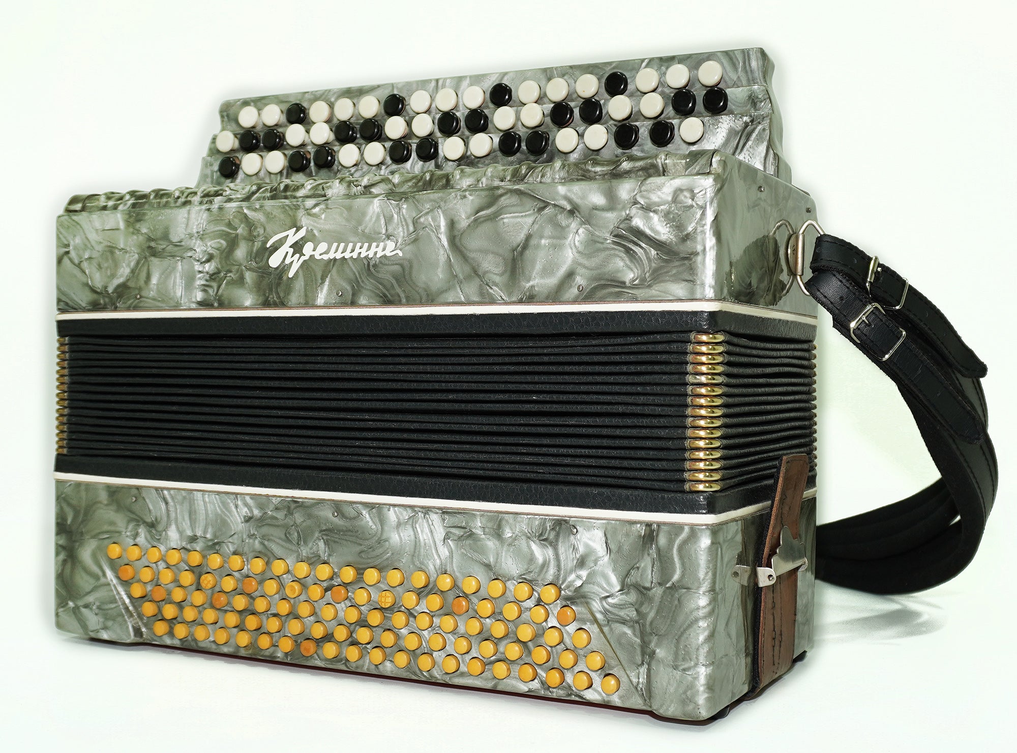Vintage Bayan Button Accordion Kreminne, 3 Rows 100 Bass buttons, made in Ukraine, New Straps 2484, Bright and Rich sound.
