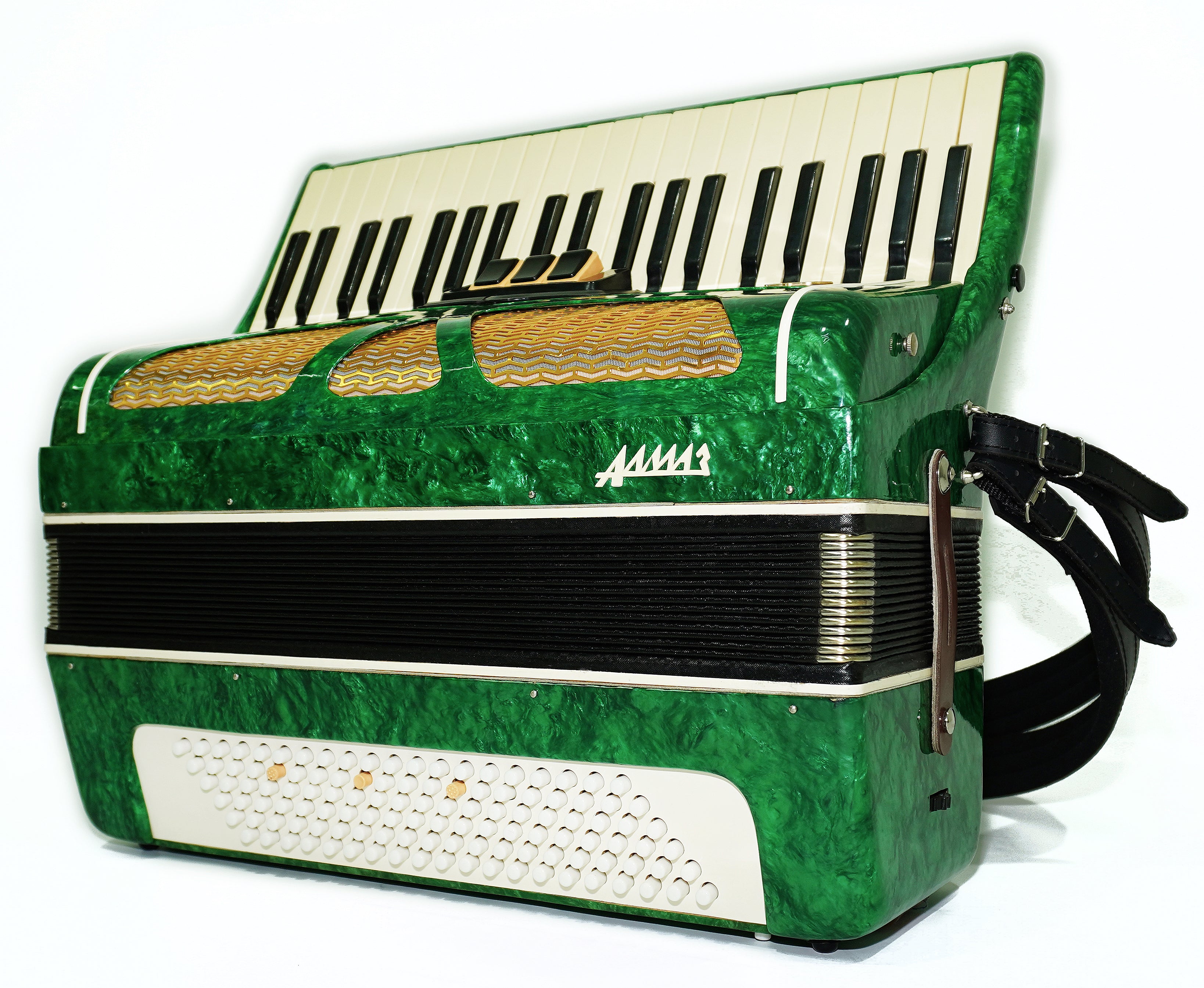 Ukraine Pianoakkordeon 120 Bässe, Almaz Vintage Tastenakkordeon gestimmt, neue Gurte, 2679