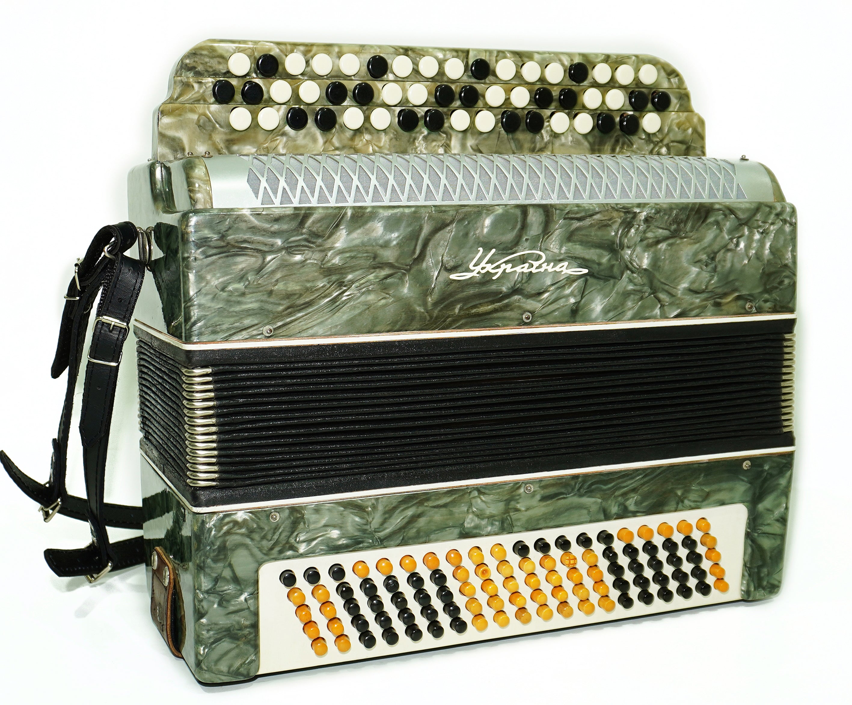 Ukraine Bayan 3 Row Button Accordion 100 Bass, Folk Harmonica Concertina, New Straps, Vintage Bayan in Tune, 2680