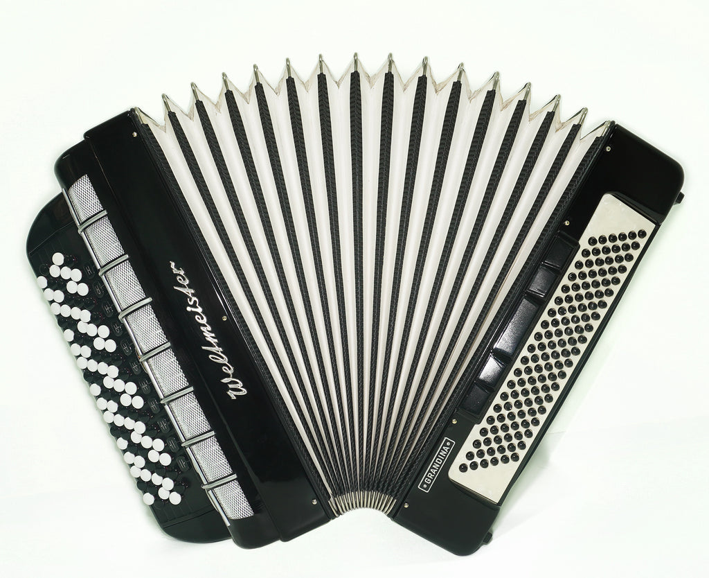 Weltmeister Grandina Vintage Button Accordion, made in Germany, Concert Bayan, Griff B Stradella, 2451, New Straps and Soft Case, Professional Accordian