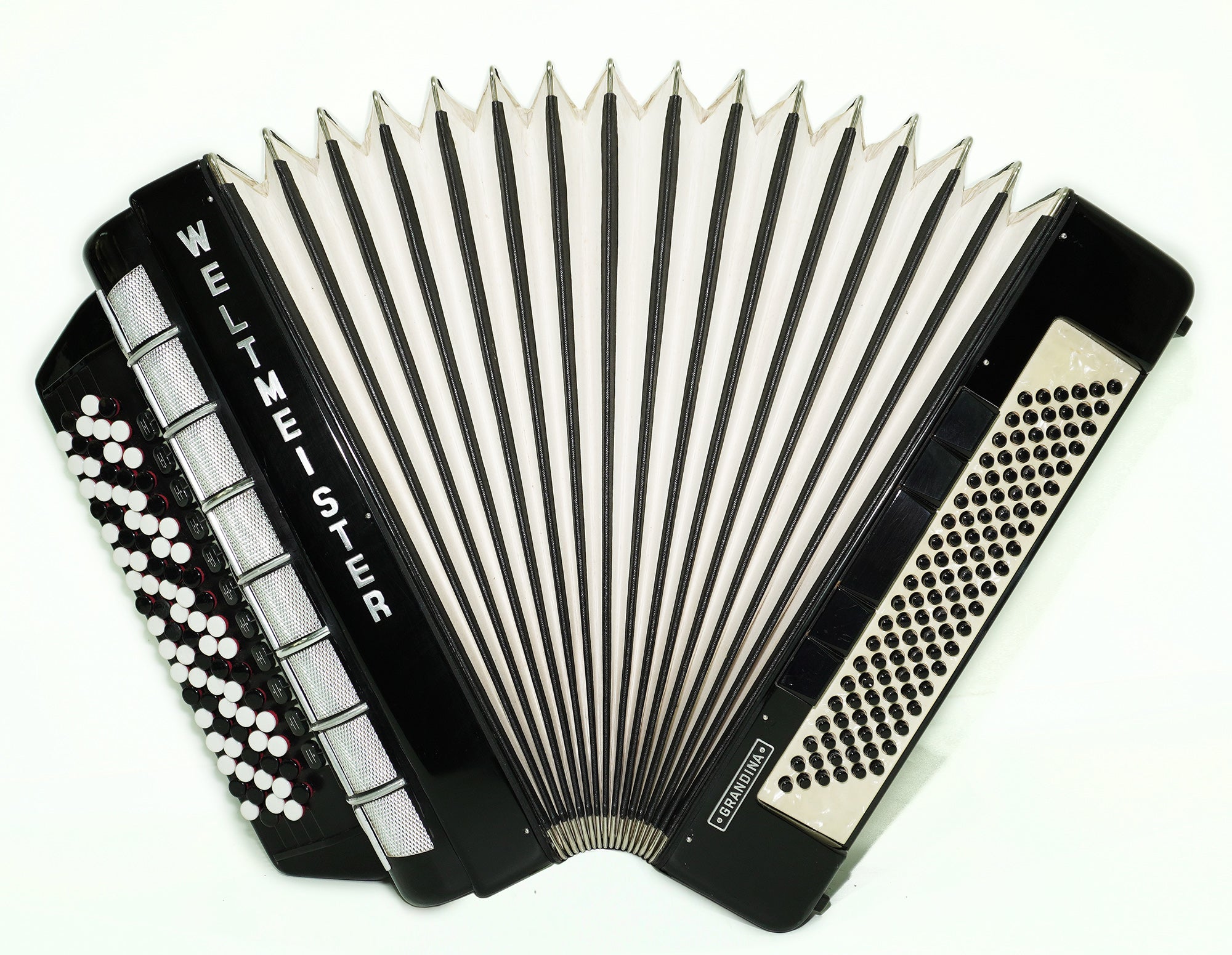 Weltmeister Grandina 5 Row Button Accordion B Griff, made in Germany, Concert Bayan 120 Bass, 2470, New Straps and Soft Case, Vintage Professional Bayan Accordian for Adults