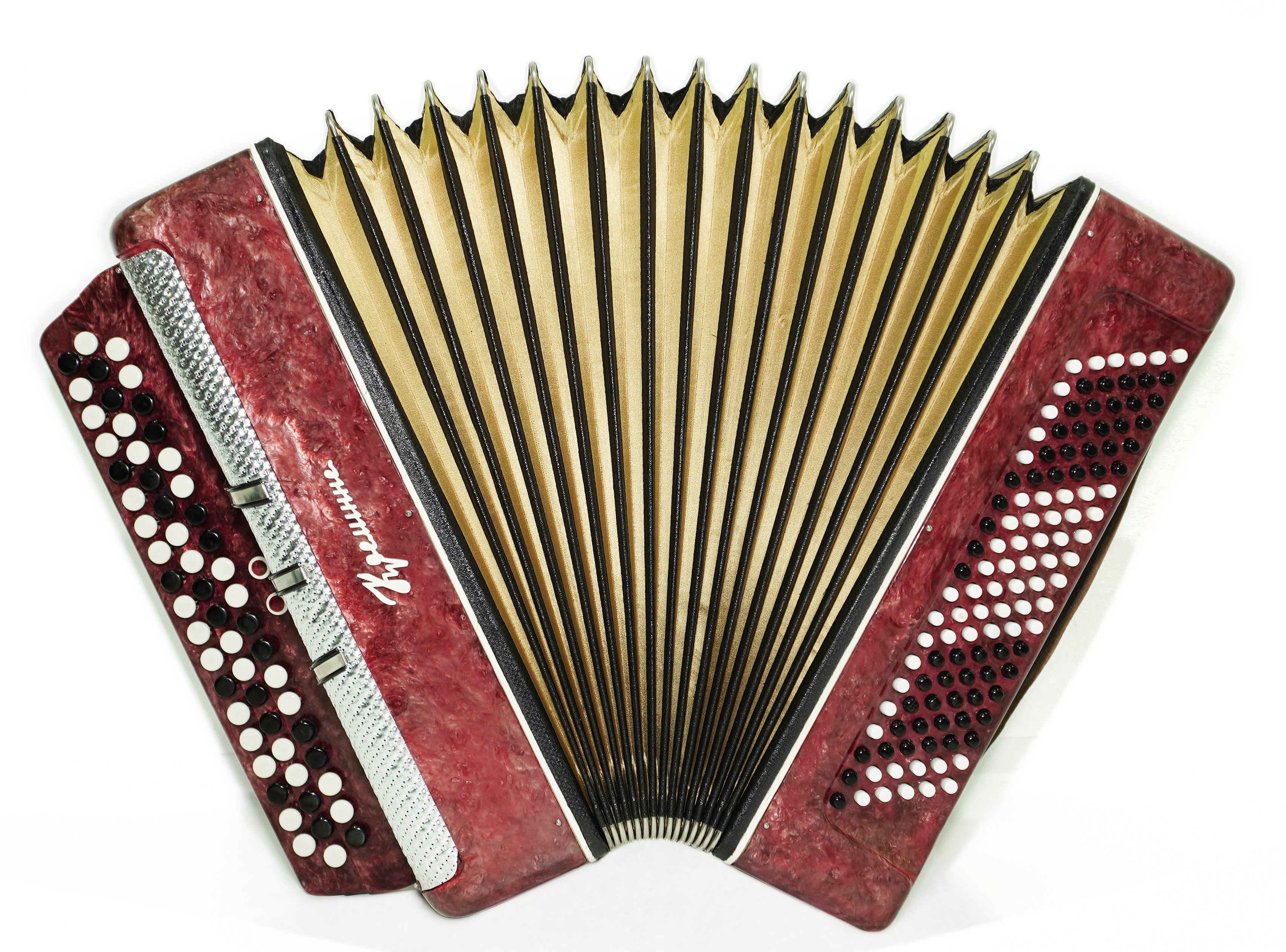 Vintage Bayan Kreminne Ukrainisches Knopfakkordeon 120 Bässe, mit neuen Gurten, 2681