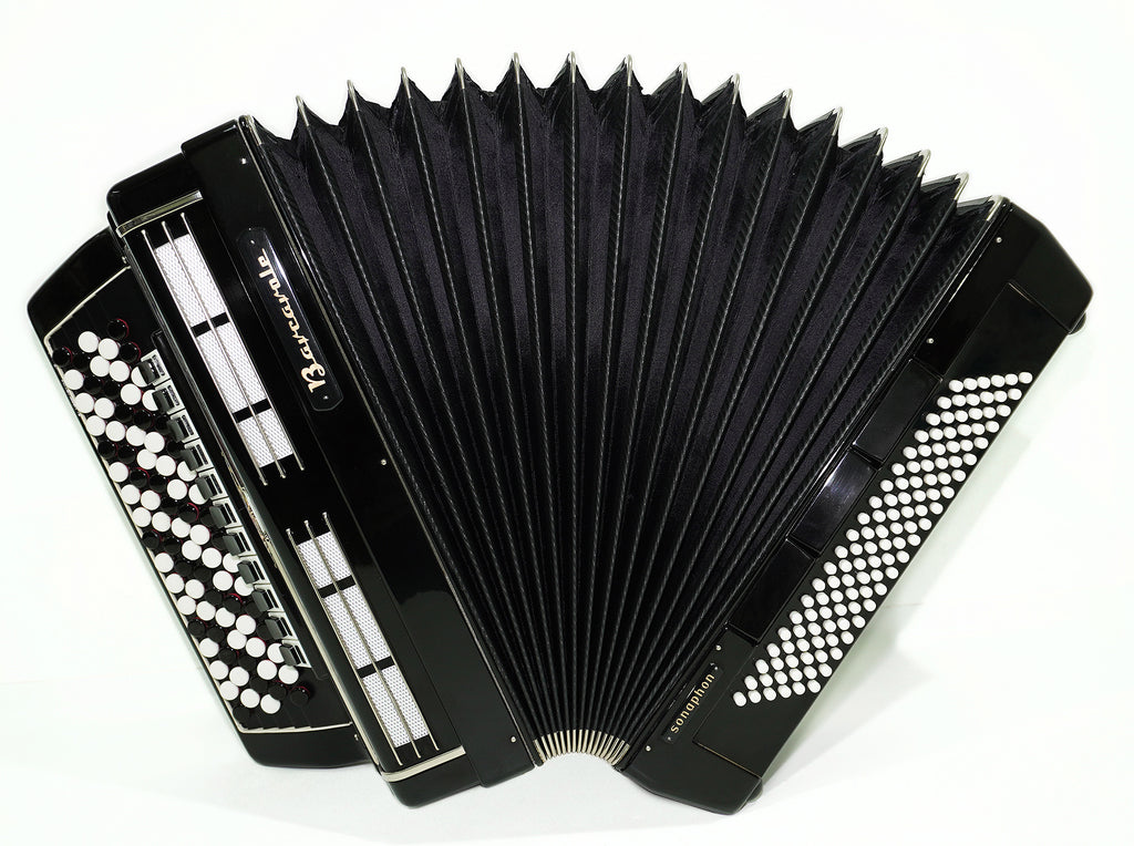 Barcarole Sonaphon 120 Bass Knopfakkordeon Bayan, hergestellt in Deutschland, Vintage Konzertakkordeon, neue Riemen, Original-Hartschalenkoffer, 2491, professionelles Akkordeon für Musiker