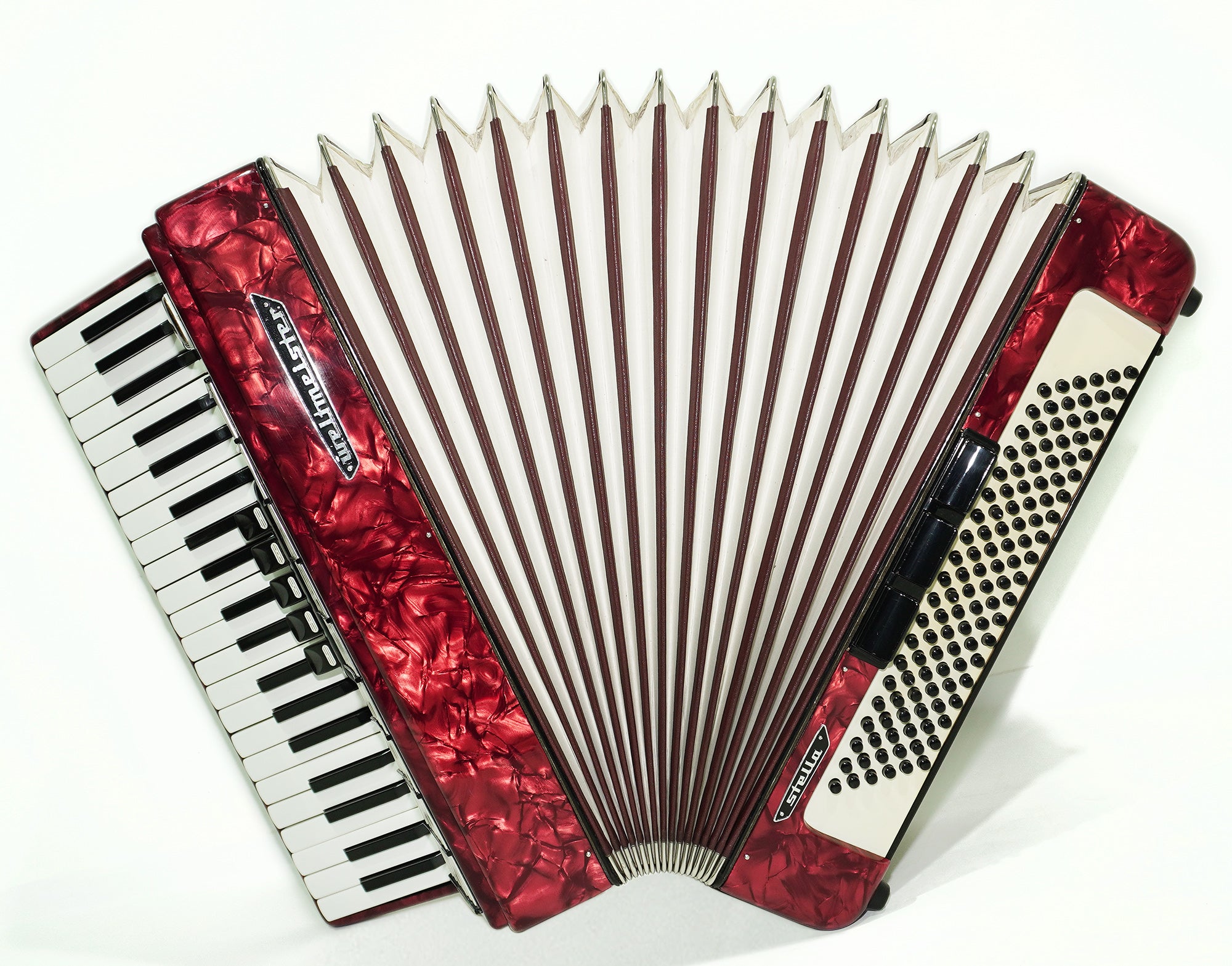 Weltmeister Stella Klavierakkordeon 120 Bässe hergestellt in Deutschland, neue Riemen, weiche Tasche als Geschenk, Vintage Tastenakkordeon Musikinstrument, 2521