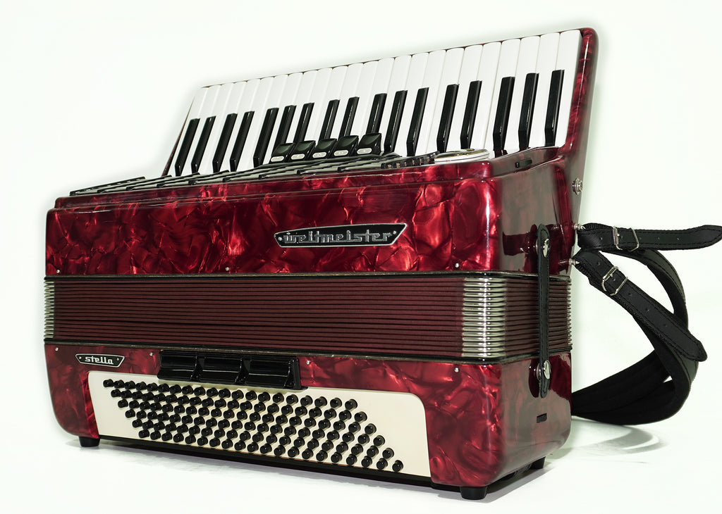 Weltmeister Stella Klavierakkordeon 120 Bässe hergestellt in Deutschland, neue Riemen, weiche Tasche als Geschenk, Vintage Tastenakkordeon Musikinstrument, 2521