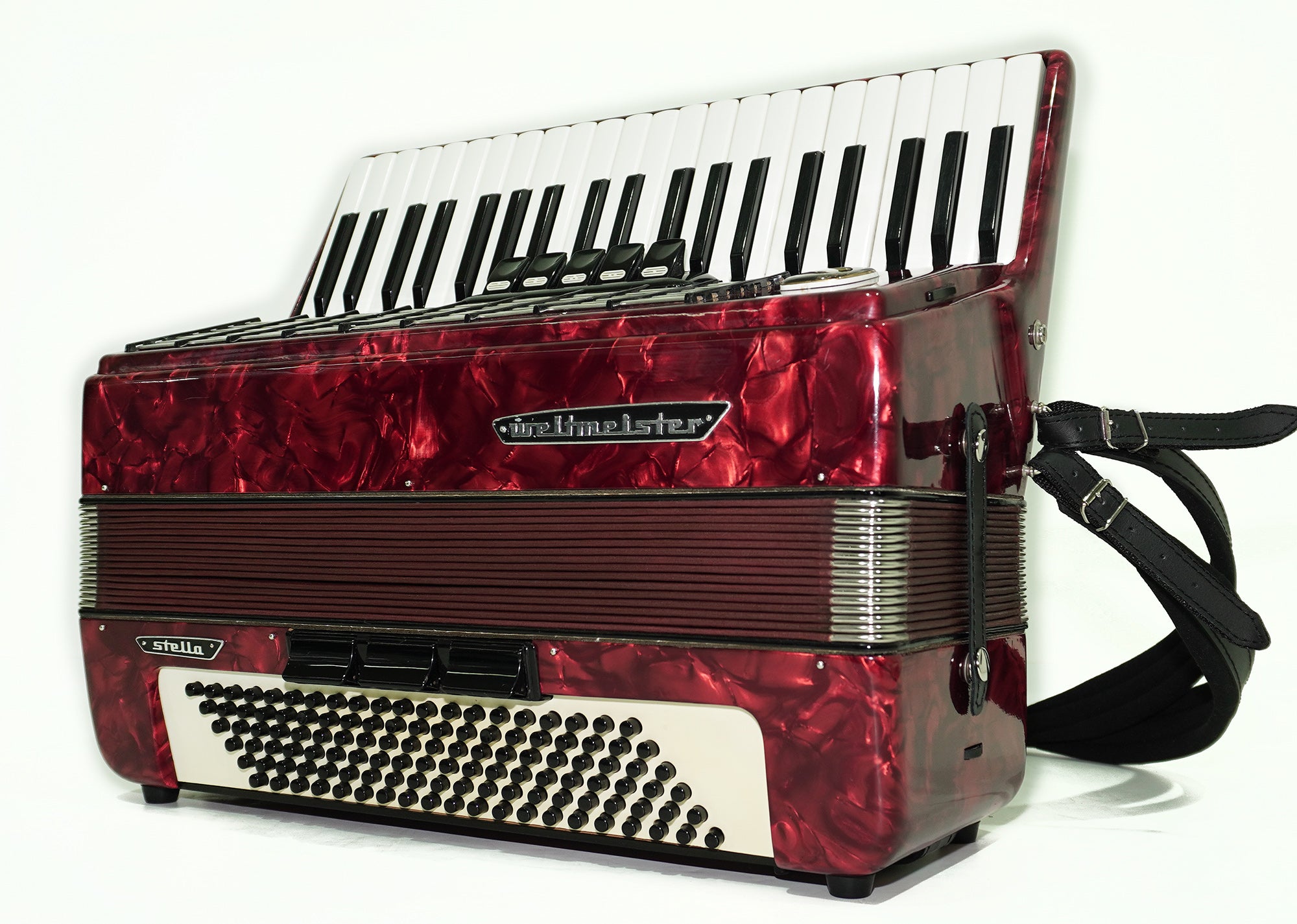 Weltmeister Stella Klavierakkordeon 120 Bässe hergestellt in Deutschland, neue Riemen, weiche Tasche als Geschenk, Vintage Tastenakkordeon Musikinstrument, 2521