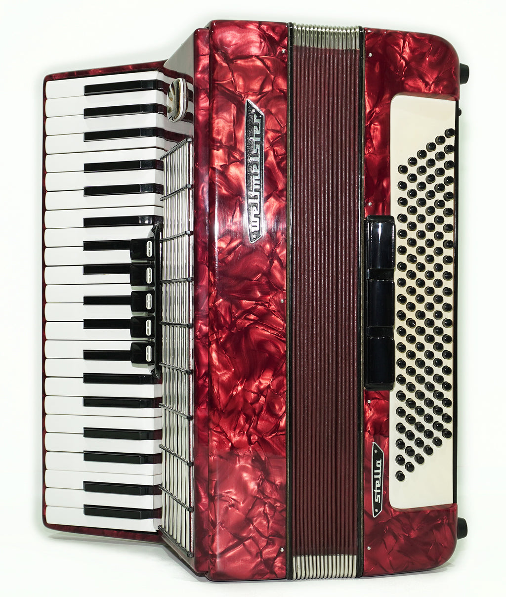 Weltmeister Stella Klavierakkordeon 120 Bässe hergestellt in Deutschland, neue Riemen, weiche Tasche als Geschenk, Vintage Tastenakkordeon Musikinstrument, 2521