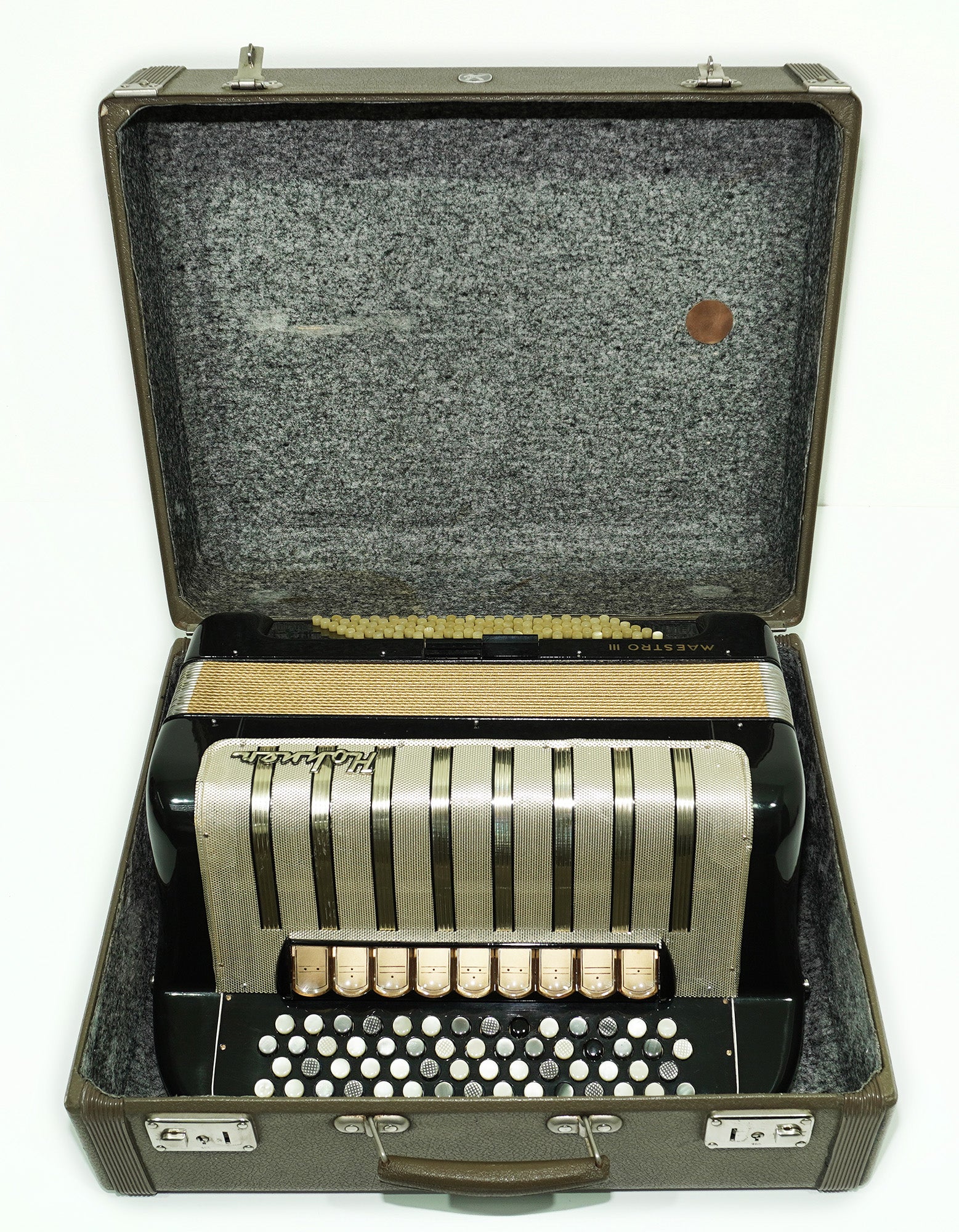 Vintage Hohner Maestro III 5 Row Button Accordion Bayan, made in Germany, C System, New Straps and Hard Case, Original Accordeone de Botones, 2532
