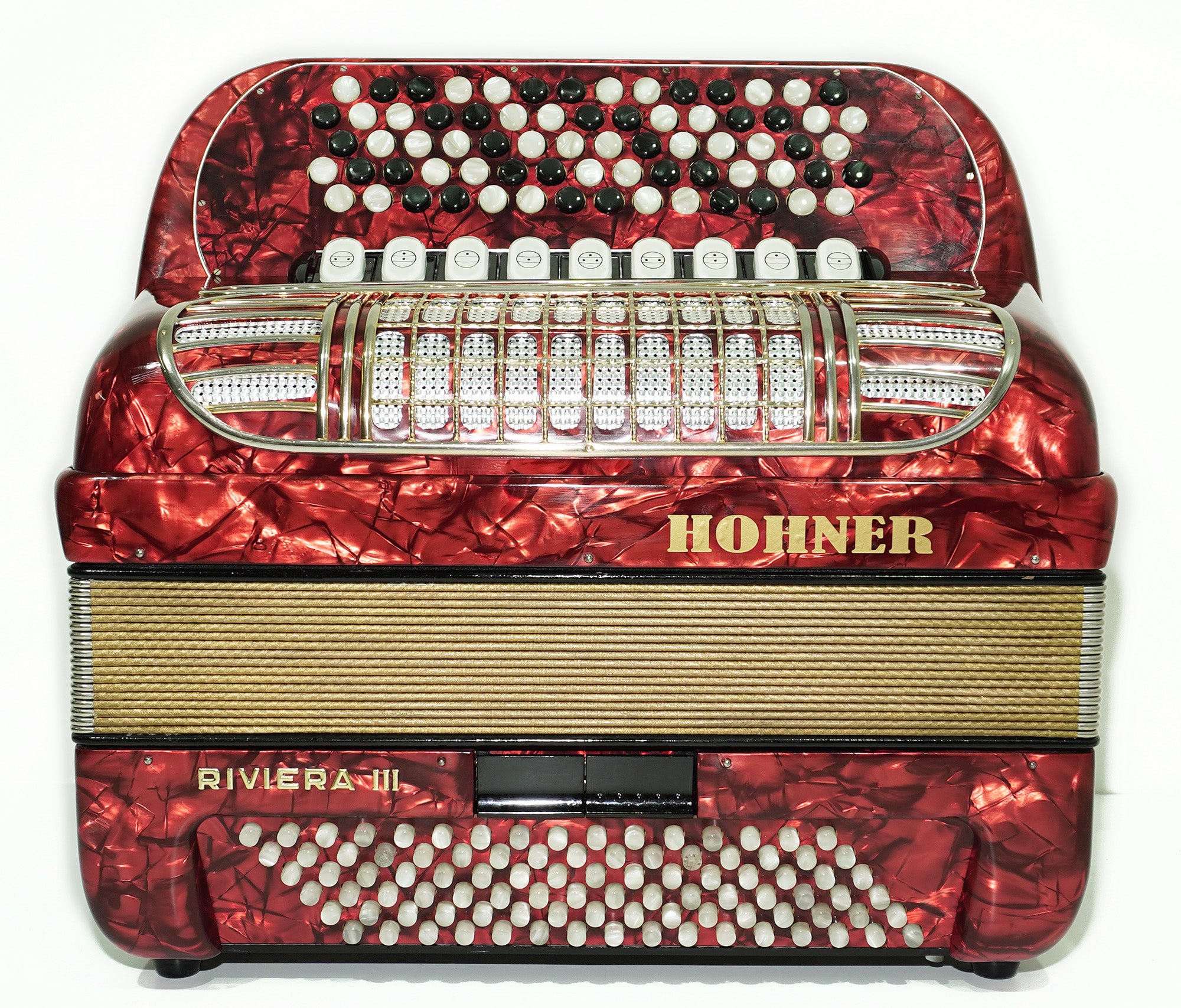 Vintage Hohner Riviera III 5 Row Button Accordion Bayan made in Germany, C System, New Straps and Hard Case, Original Accordeone de Botones, 2534