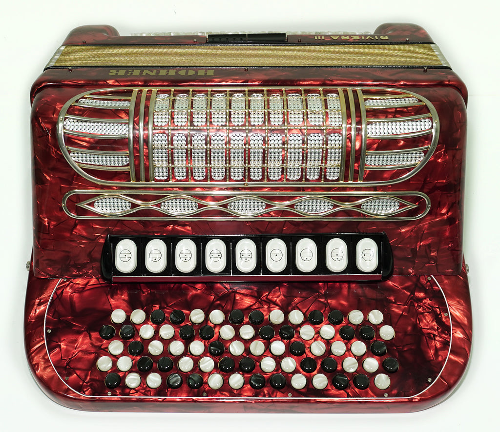 Vintage Hohner Riviera III 5 Row Button Accordion Bayan made in Germany, C System, New Straps and Hard Case, Original Accordeone de Botones, 2534