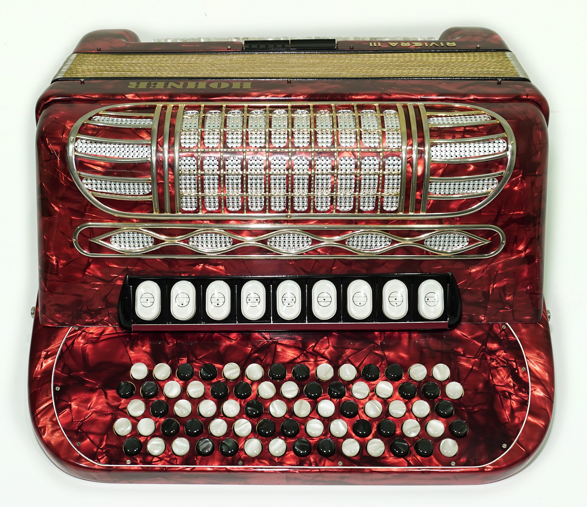 Vintage Hohner Riviera III 5 Row Button Accordion Bayan made in Germany, C System, New Straps and Hard Case, Original Accordeone de Botones, 2534