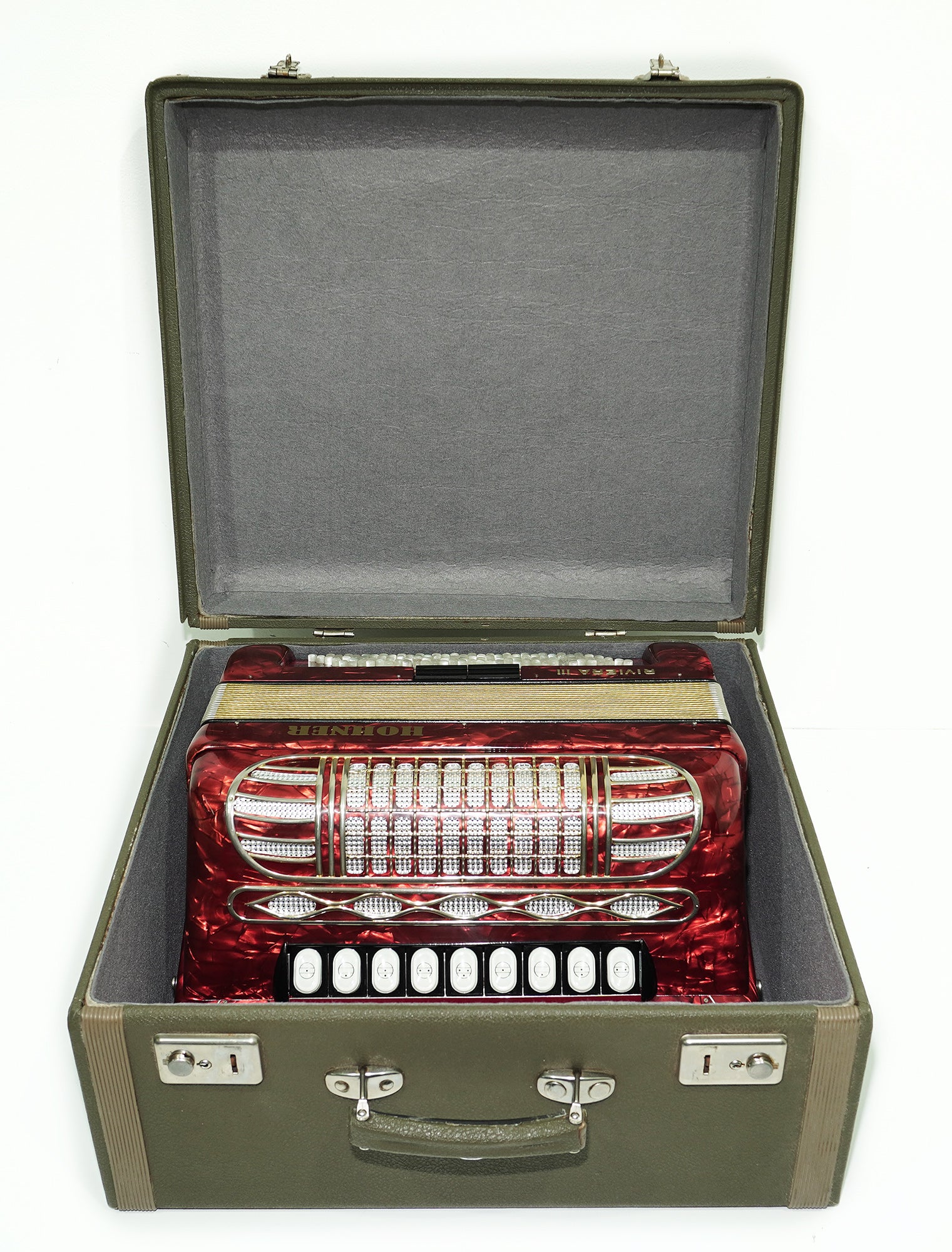 Vintage Hohner Riviera III 5 Row Button Accordion Bayan made in Germany, C System, New Straps and Hard Case, Original Accordeone de Botones, 2534