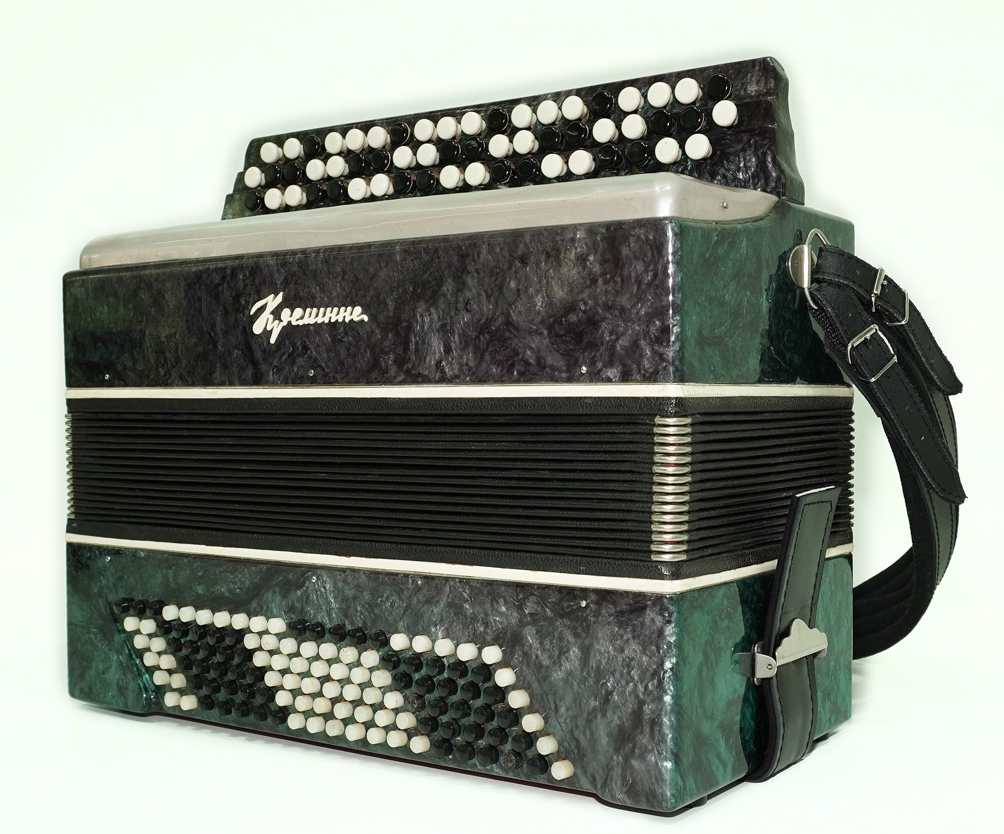 Bayan 3 Row Button Accordion Kreminne 120 Bass, Folk Accordian Harmonica, Garmoshka, with New Straps, Squeezebox, Old Soviet Bayan in Tune, 2575