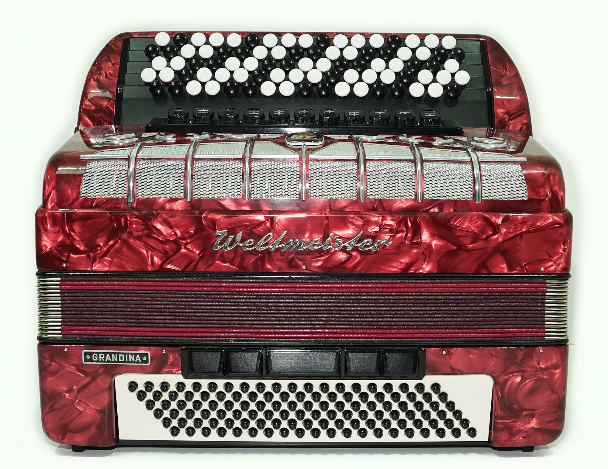 Weltmeister Grandina Button Accordion made in Germany, Concert Bayan B Griff Stradella, New Straps Soft Case, Professional 5 Row Accordion, 2580
