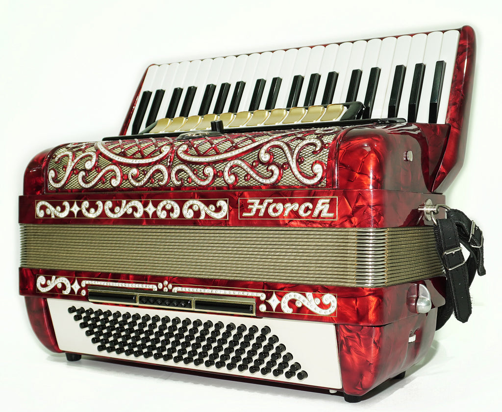 Horch Deluxe Full Size Piano Accordion 120 Bass, made in Germany, New Straps and Hard Case, Powerful Sound! Musical Instrument for Adults! 2606
