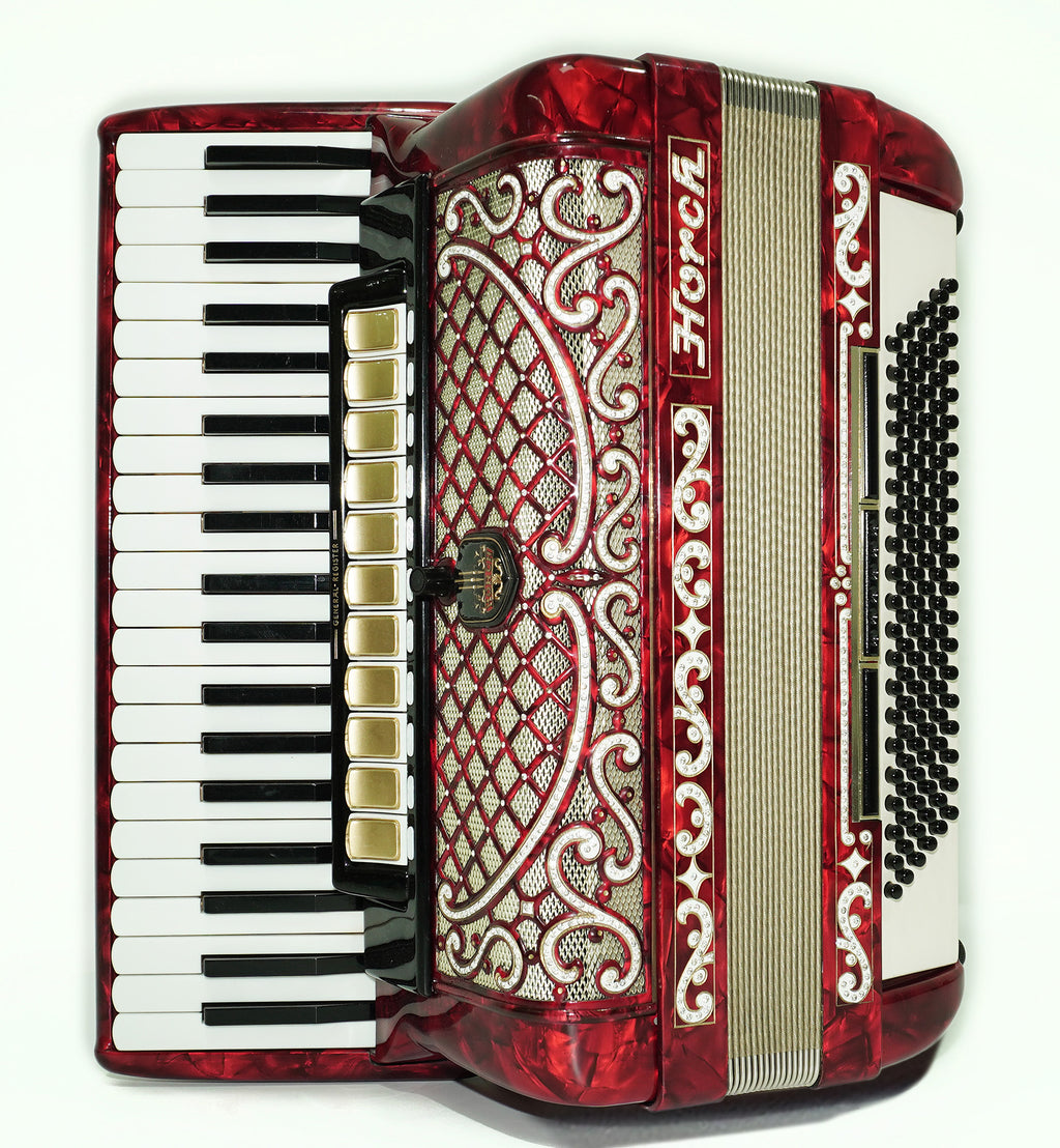 Horch Deluxe Full Size Piano Accordion 120 Bass, made in Germany, New Straps and Hard Case, Powerful Sound! Musical Instrument for Adults! 2606