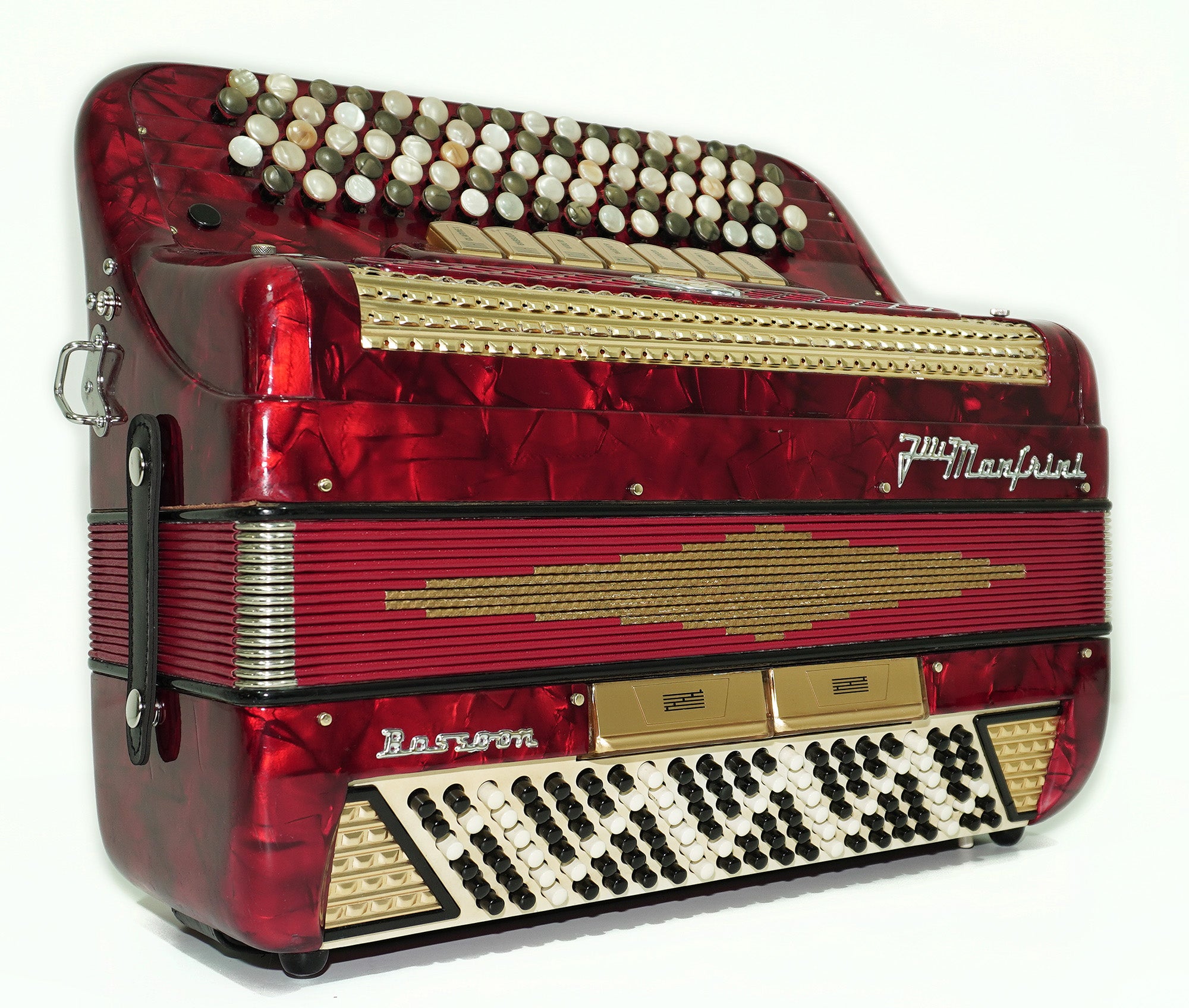 Vintage Manfrini Bassoon 120 Bass 5 Row Button Accordion, made in Italy, C Griff, New Straps, Rare Original Musical Instrument, 2601