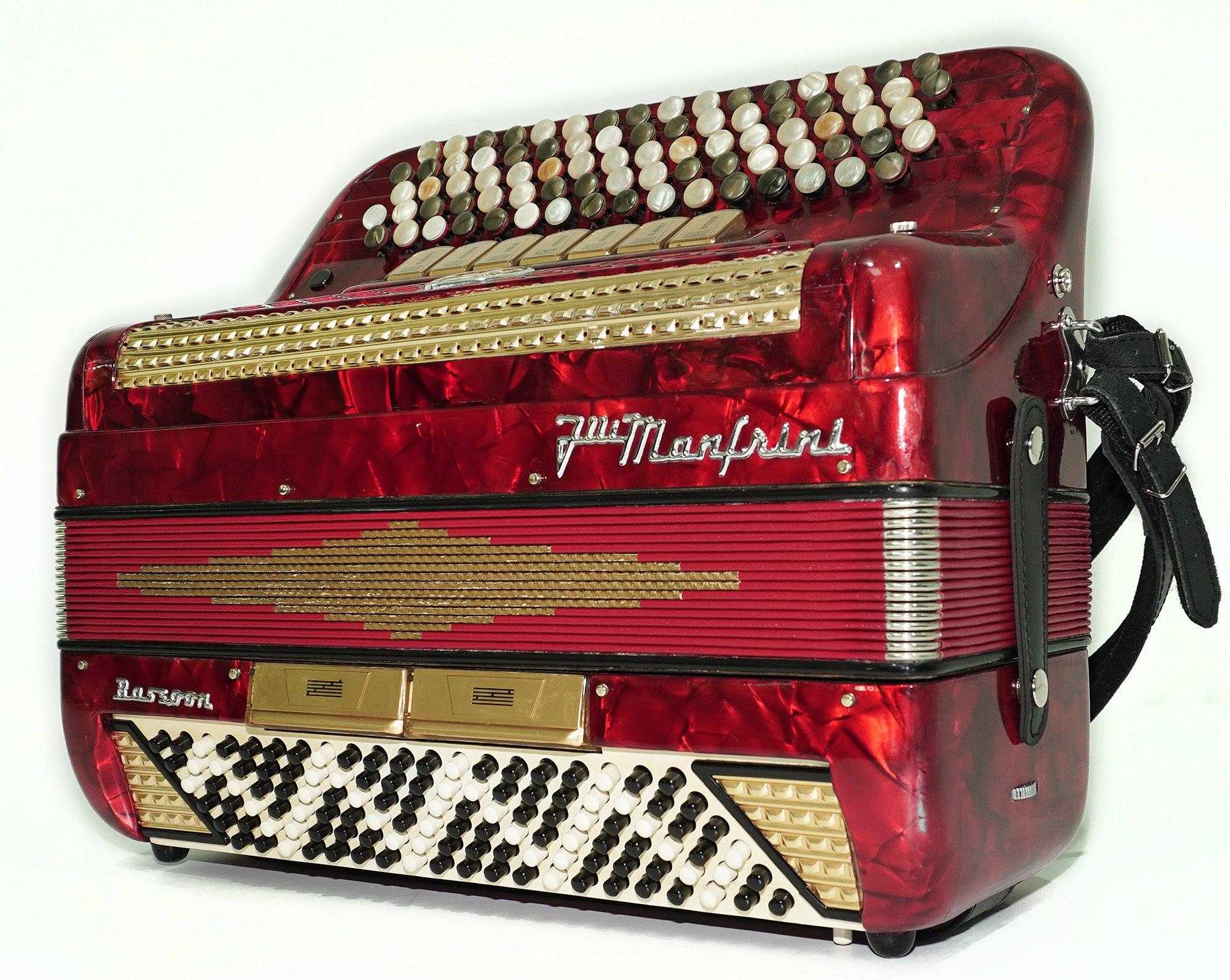 Vintage Manfrini Bassoon 120 Bass 5 Row Button Accordion, made in Italy, C Griff, New Straps, Rare Original Musical Instrument, 2601