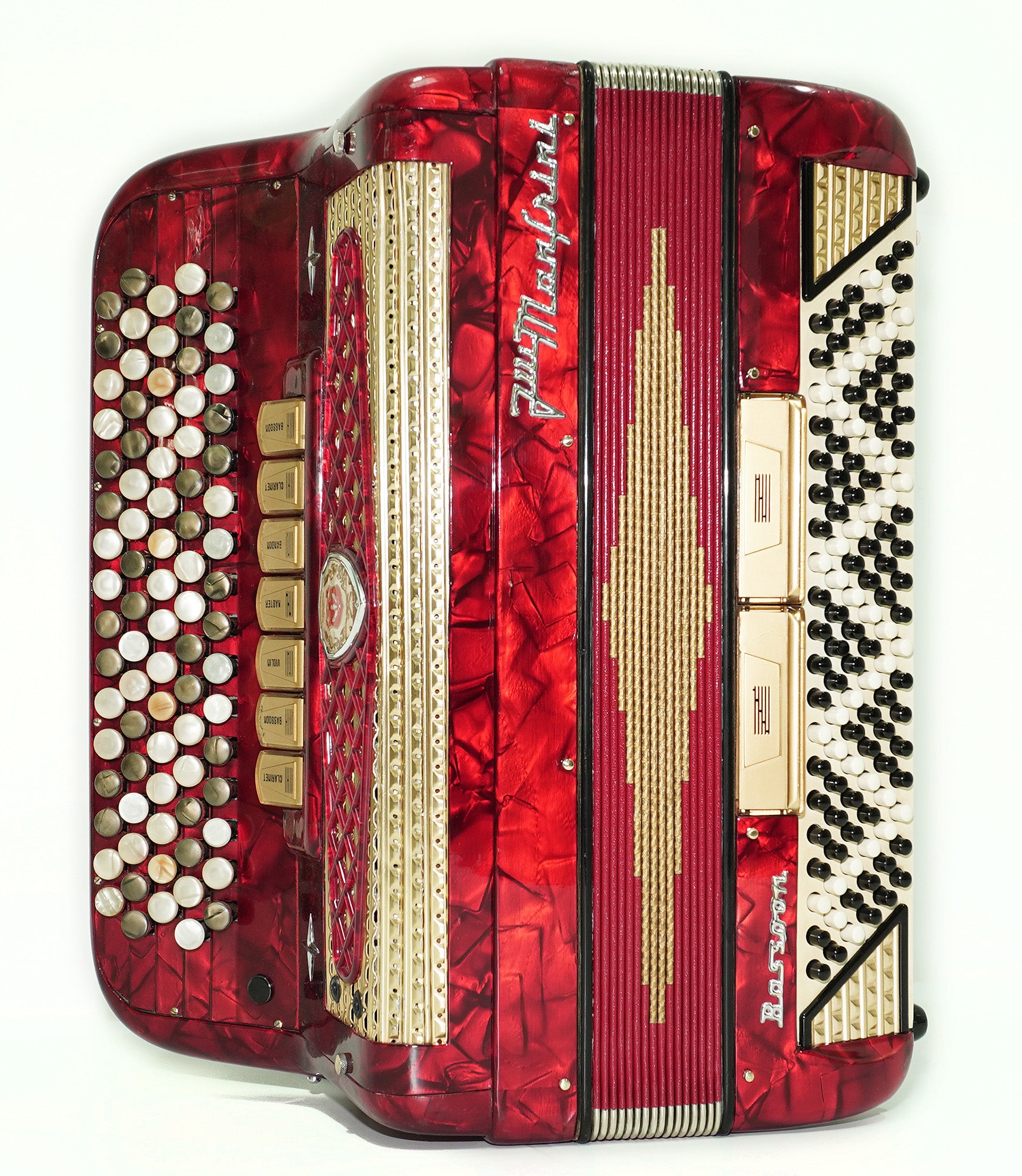 Vintage Manfrini Bassoon 120 Bass 5 Row Button Accordion, made in Italy, C Griff, New Straps, Rare Original Musical Instrument, 2601