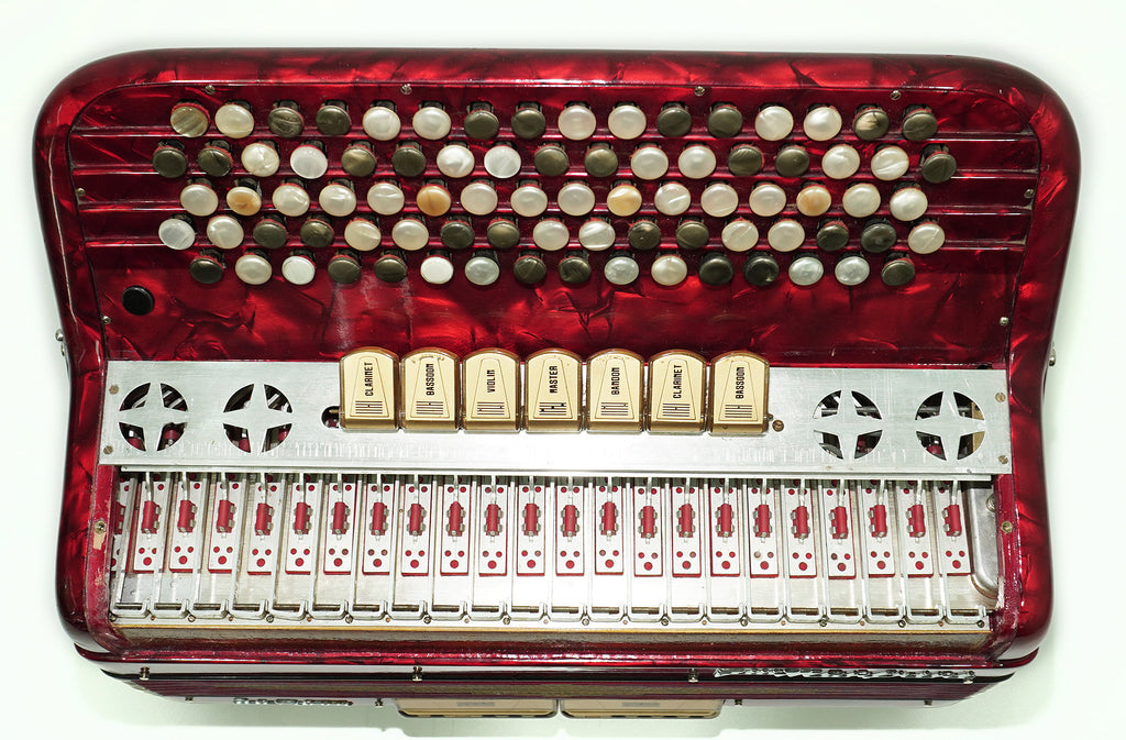Vintage Manfrini Bassoon 120 Bass 5 Row Button Accordion, made in Italy, C Griff, New Straps, Rare Original Musical Instrument, 2601