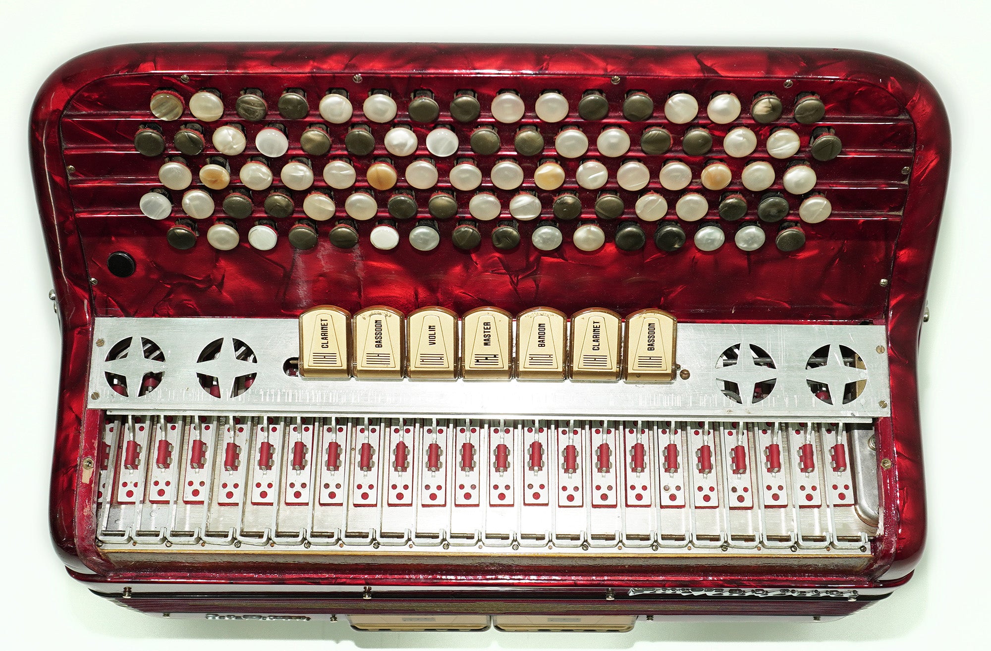 Vintage Manfrini Bassoon 120 Bass 5 Row Button Accordion, made in Italy, C Griff, New Straps, Rare Original Musical Instrument, 2601
