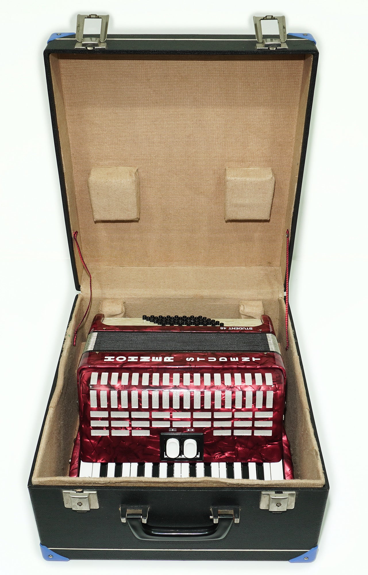 Hohner Student 48 Bass Lightweight Piano Accordion, German Original Akkordeon Musical Instrument for Beginners Kids, New Straps, Hard Case, 2604