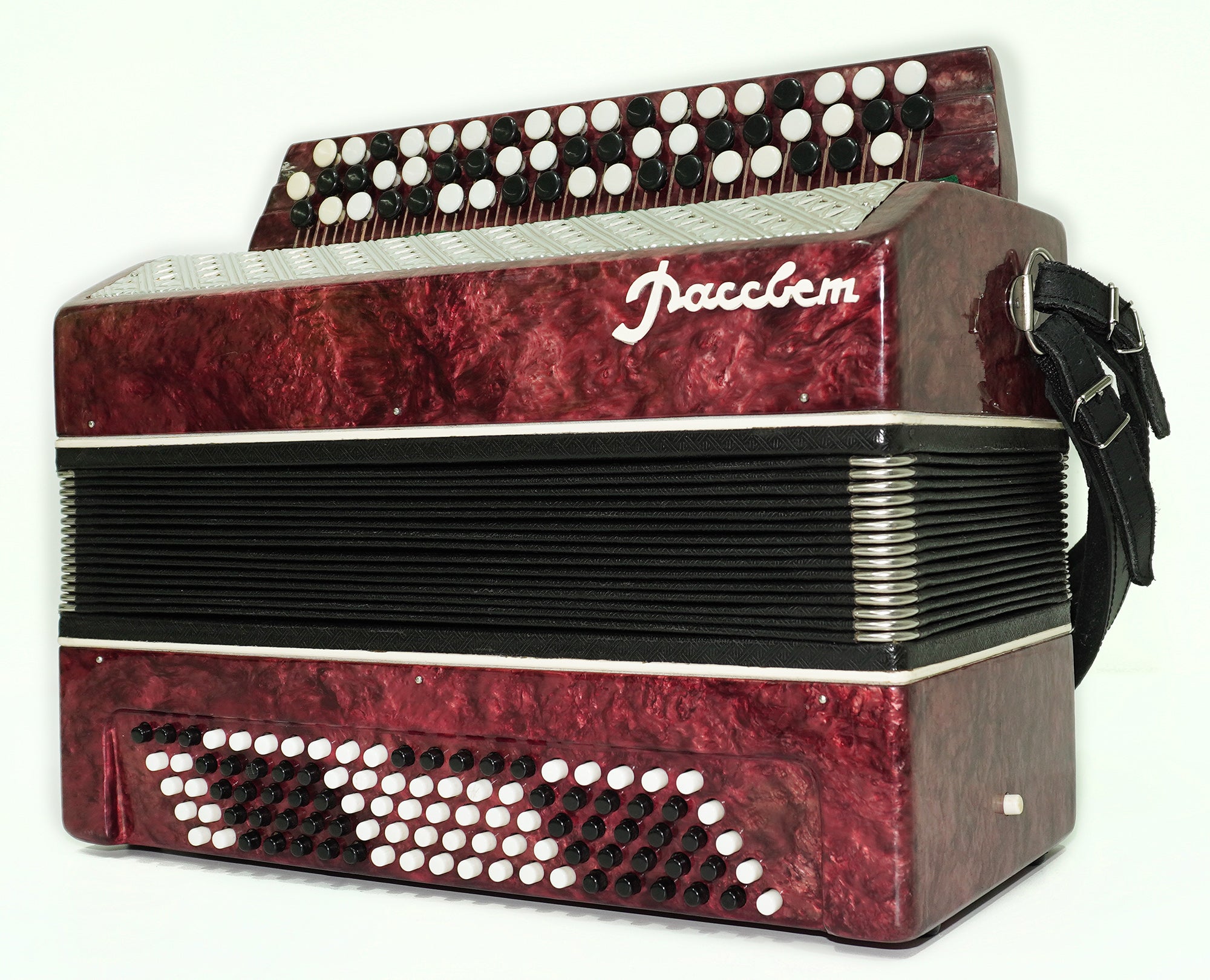 Bayan Button Accordion Rassvet, Folk Accordian Harmonica, Garmoshka, with New Straps, Squeezebox, Old Ukrainian Bayan Accordion Instrument, 2614