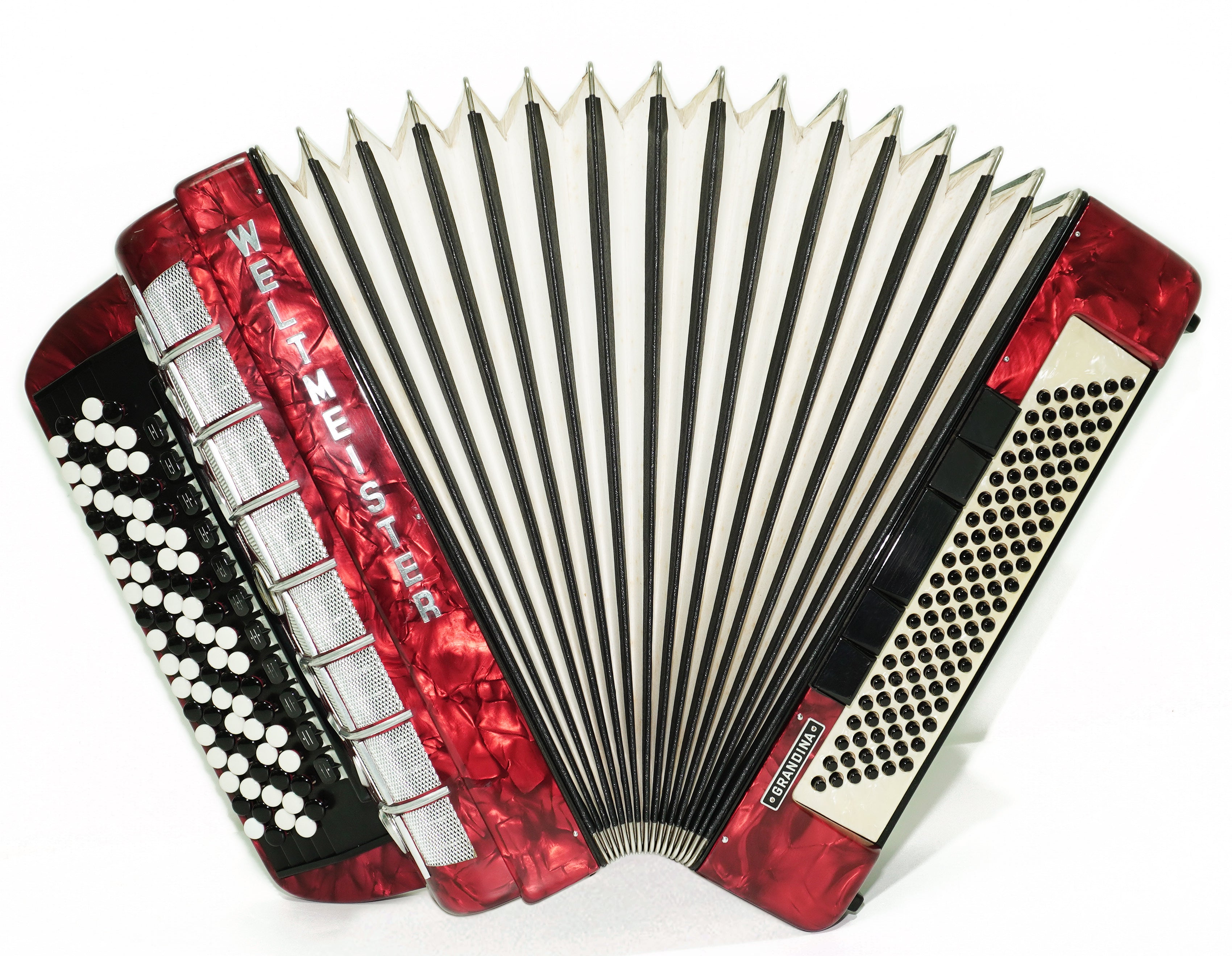 Weltmeister Grandina Button Accordion 120 Bass, made in Germany, 5 Row Bayan B Griff, Straps and Soft Case, Vintage Professional Accordion, 2642
