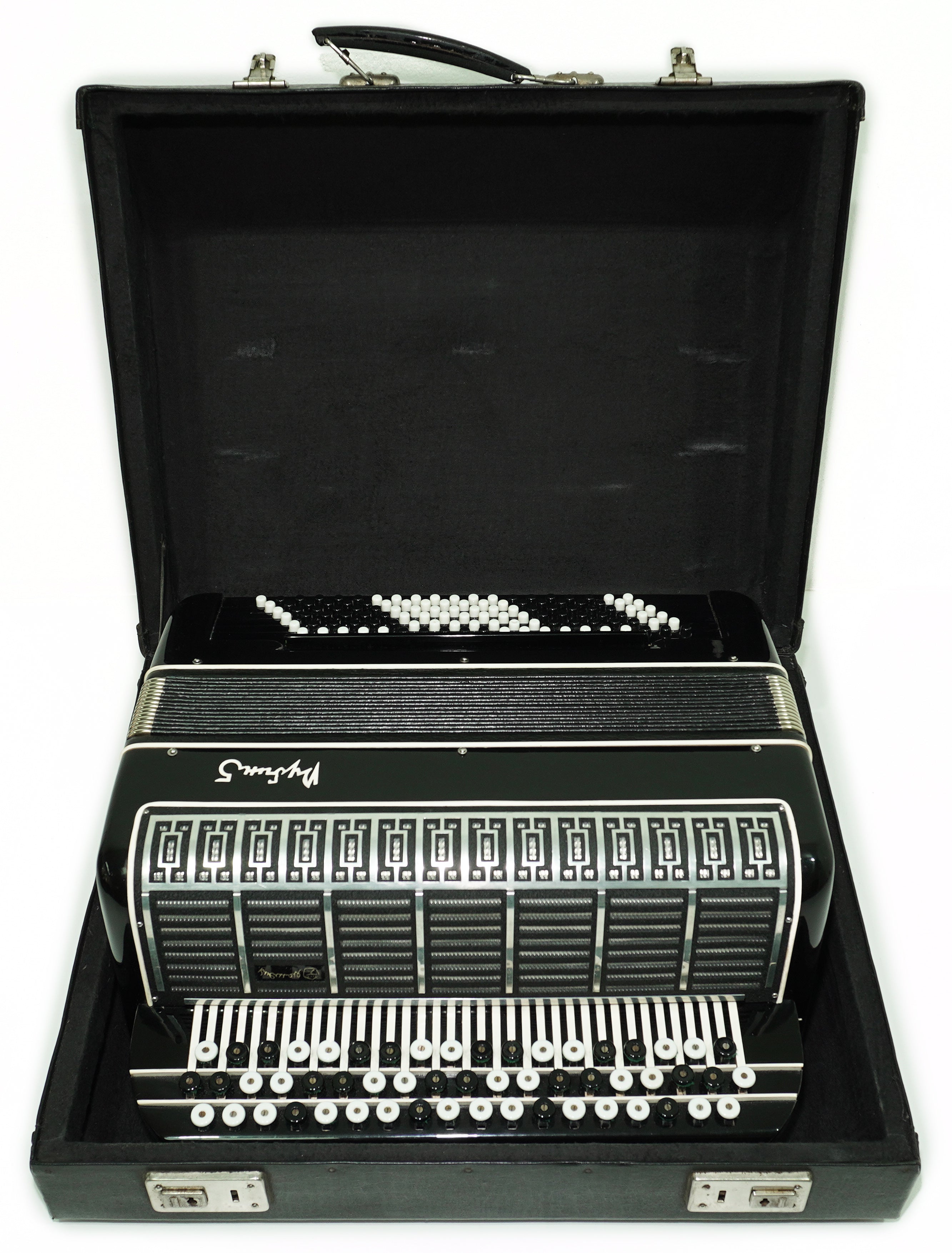 Converter Bayan Rubin 5 Free Bass und Stradella, 120-Bass-Knopfakkordeon, russisches Vintage-Bajan-Akkordeon, mit Riemen und Hartschalenkoffer, 2650