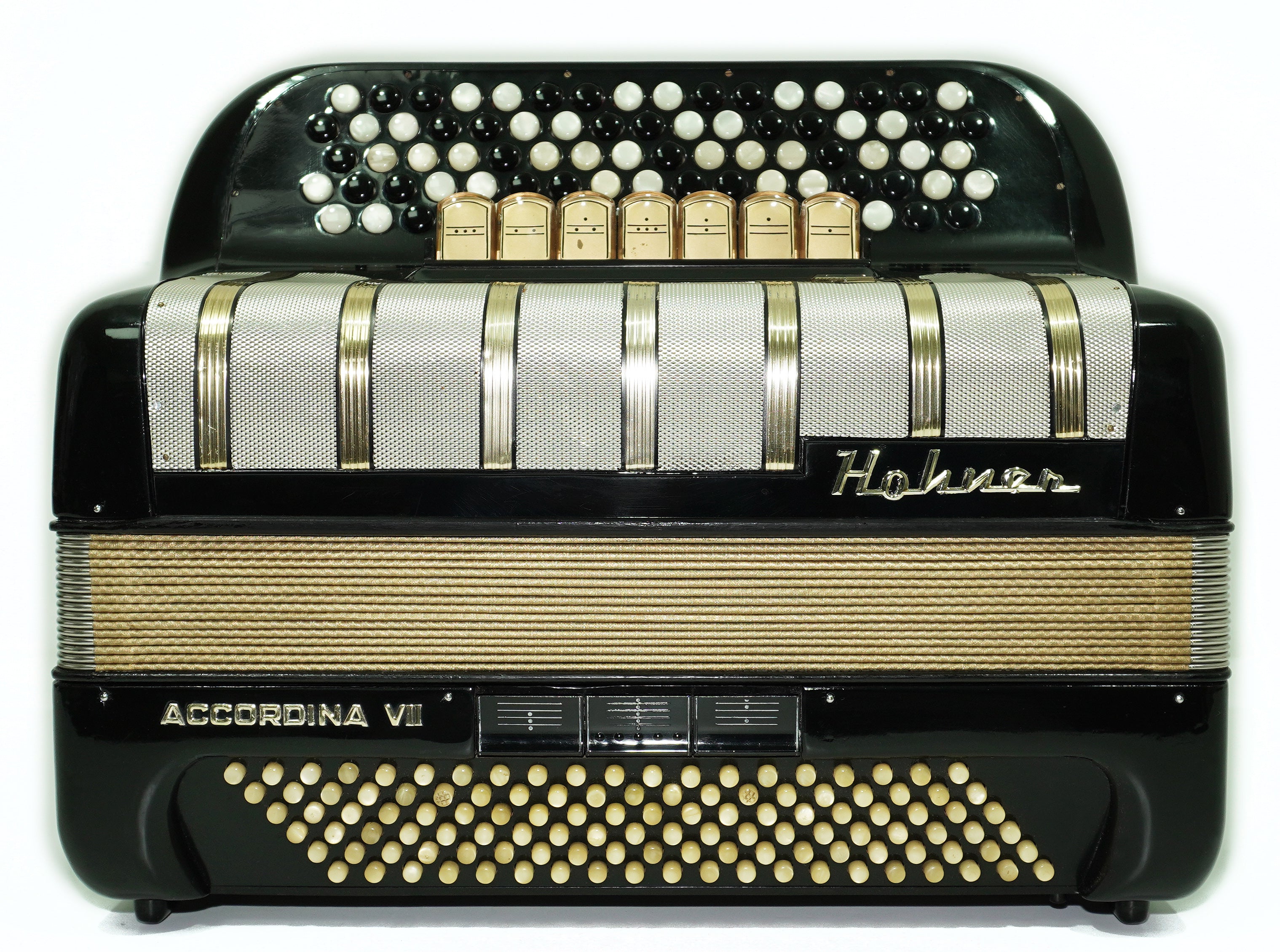 Vintage Hohner Accordina VII C Griff Knopfakkordeon 120 Bässe, hergestellt in Deutschland, mit neuen Riemen, Original Accordeon de Botones, 2671
