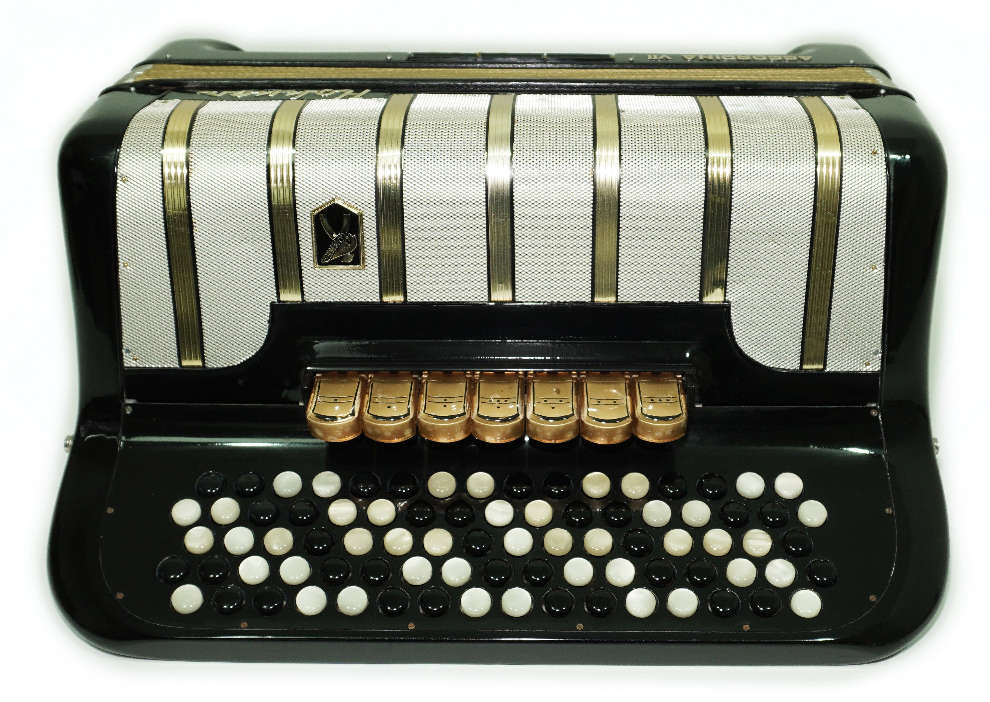 Vintage Hohner Accordina VII C Griff Knopfakkordeon 120 Bässe, hergestellt in Deutschland, mit neuen Riemen, Original Accordeon de Botones, 2671