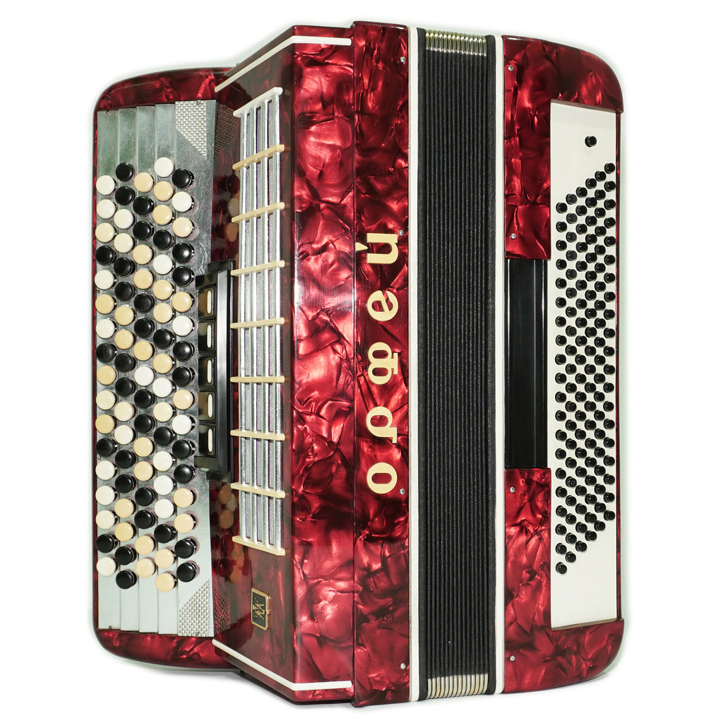 Vintage Bayan Orfey 5-reihiges Knopfakkordeon 120 Bässe, neue Riemen und Softcase als Geschenk, Konzertakkordeon für Erwachsene, Original sowjetisches Bayan, 2677