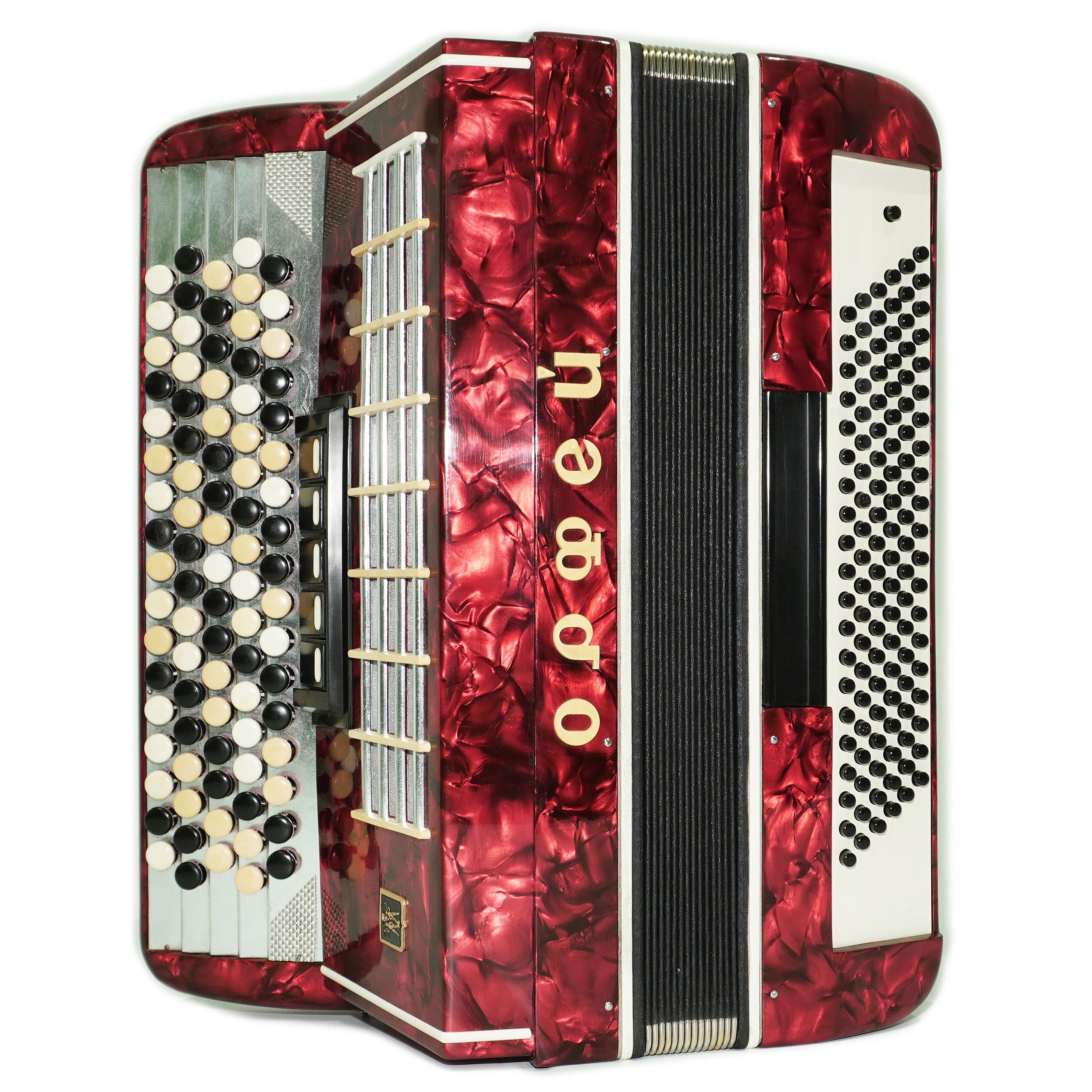 Vintage Bayan Orfey 5-reihiges Knopfakkordeon 120 Bässe, neue Riemen und Softcase als Geschenk, Konzertakkordeon für Erwachsene, Original sowjetisches Bayan, 2677