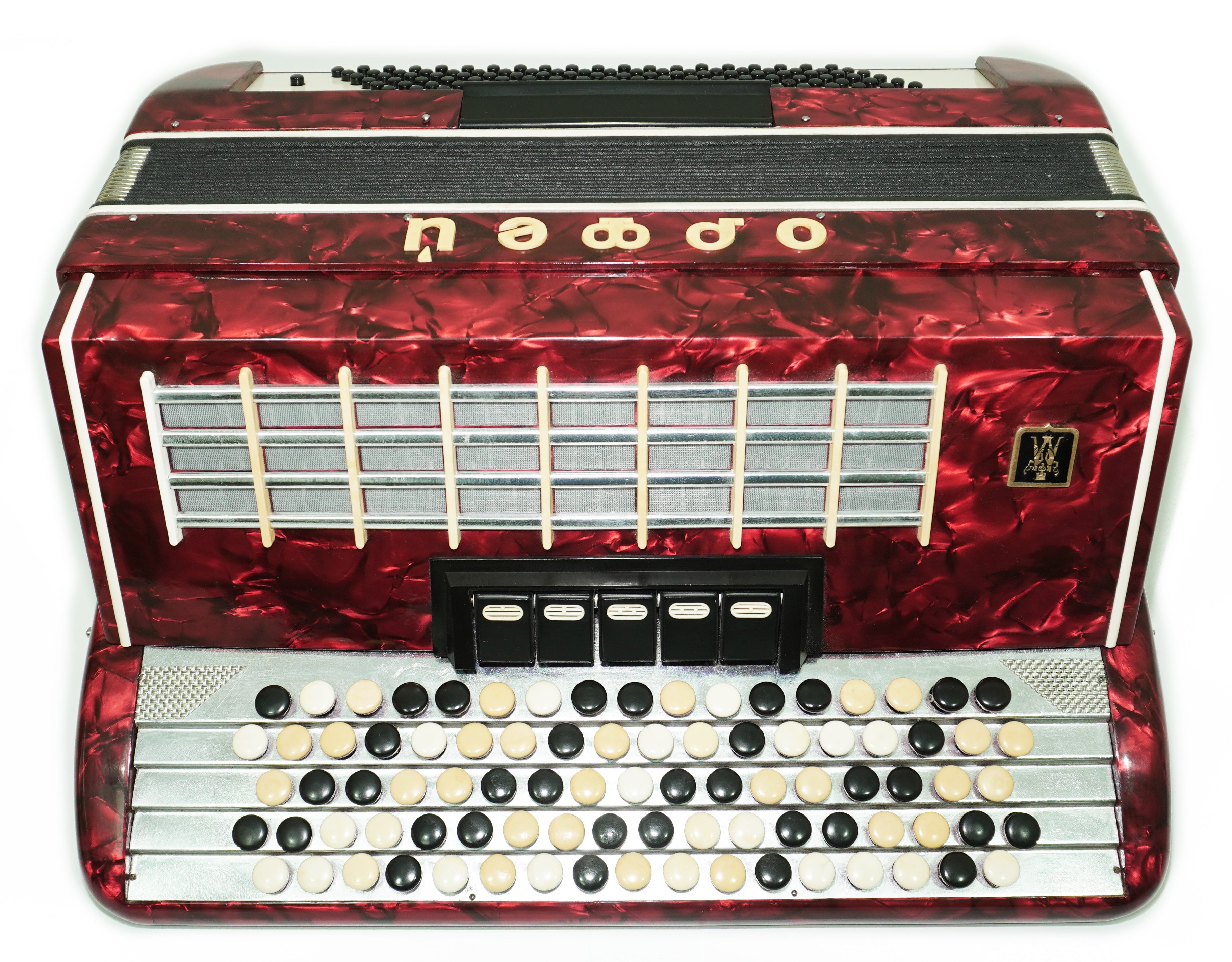 Vintage Bayan Orfey 5-reihiges Knopfakkordeon 120 Bässe, neue Riemen und Softcase als Geschenk, Konzertakkordeon für Erwachsene, Original sowjetisches Bayan, 2677
