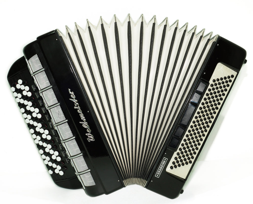 Weltmeister Grandina Knopfakkordeon 120 Bässe, hergestellt in Deutschland, 5-reihig Bayan B Griff, Gurte und Softcase, Vintage Profi Akkordeion, 2674