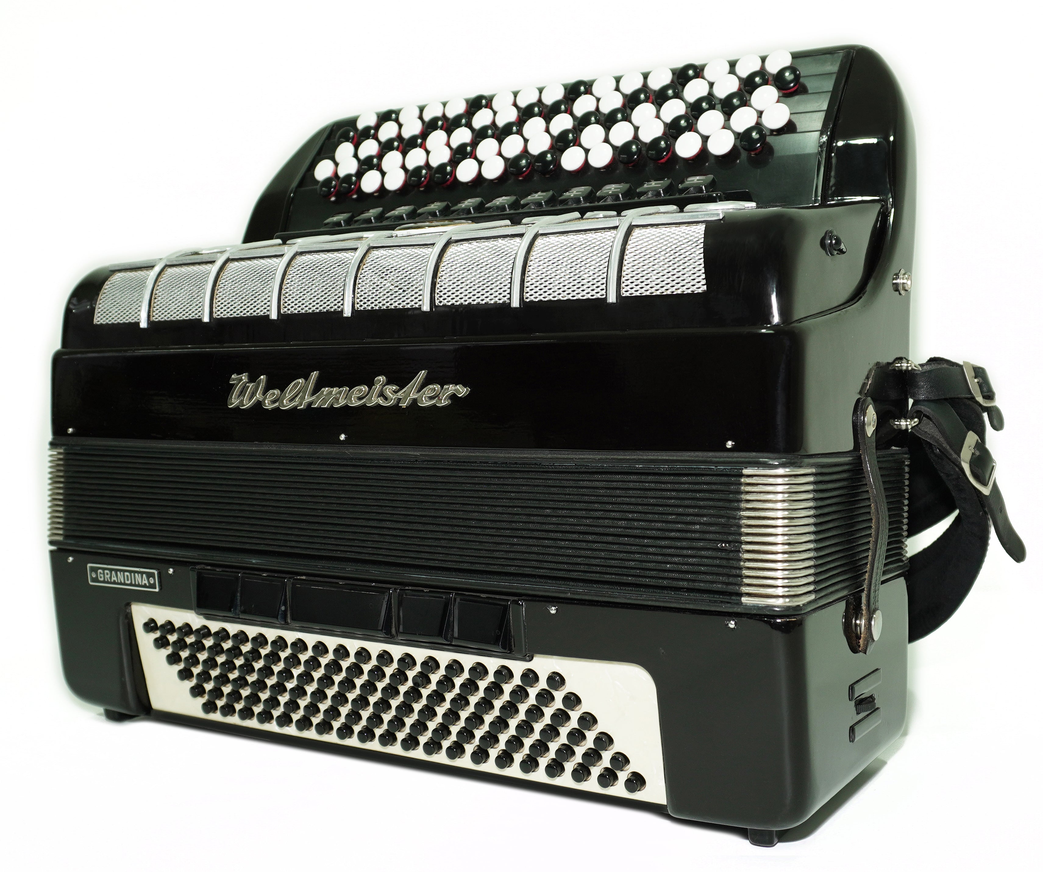 Weltmeister Grandina Knopfakkordeon 120 Bässe, hergestellt in Deutschland, 5-reihig Bayan B Griff, Gurte und Softcase, Vintage Profi Akkordeion, 2674