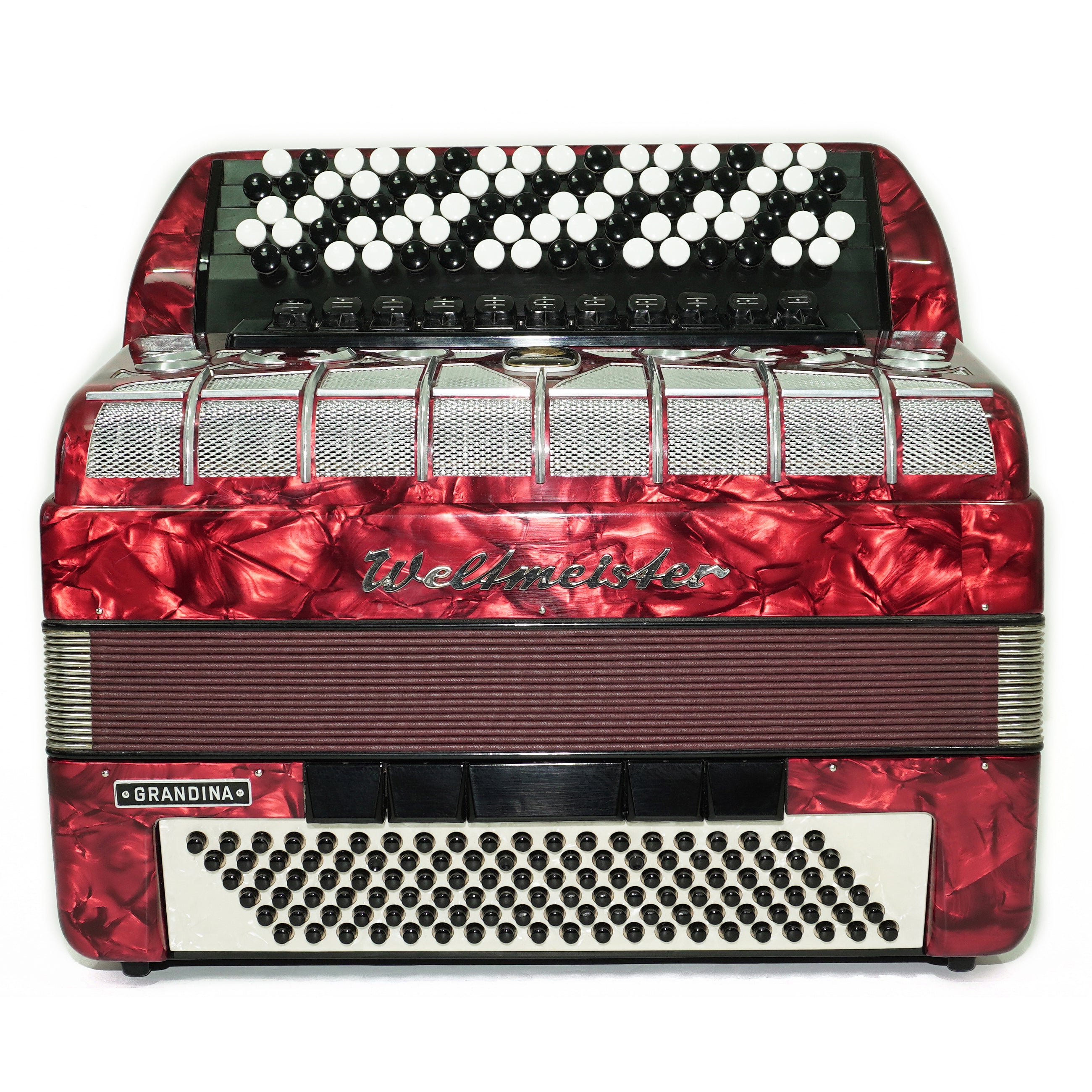 Weltmeister Grandina Button Accordion 120 Bass, made in Germany, 5 Row Bayan B Griff, Straps and Case, Vintage Professional Accordion, 2704
